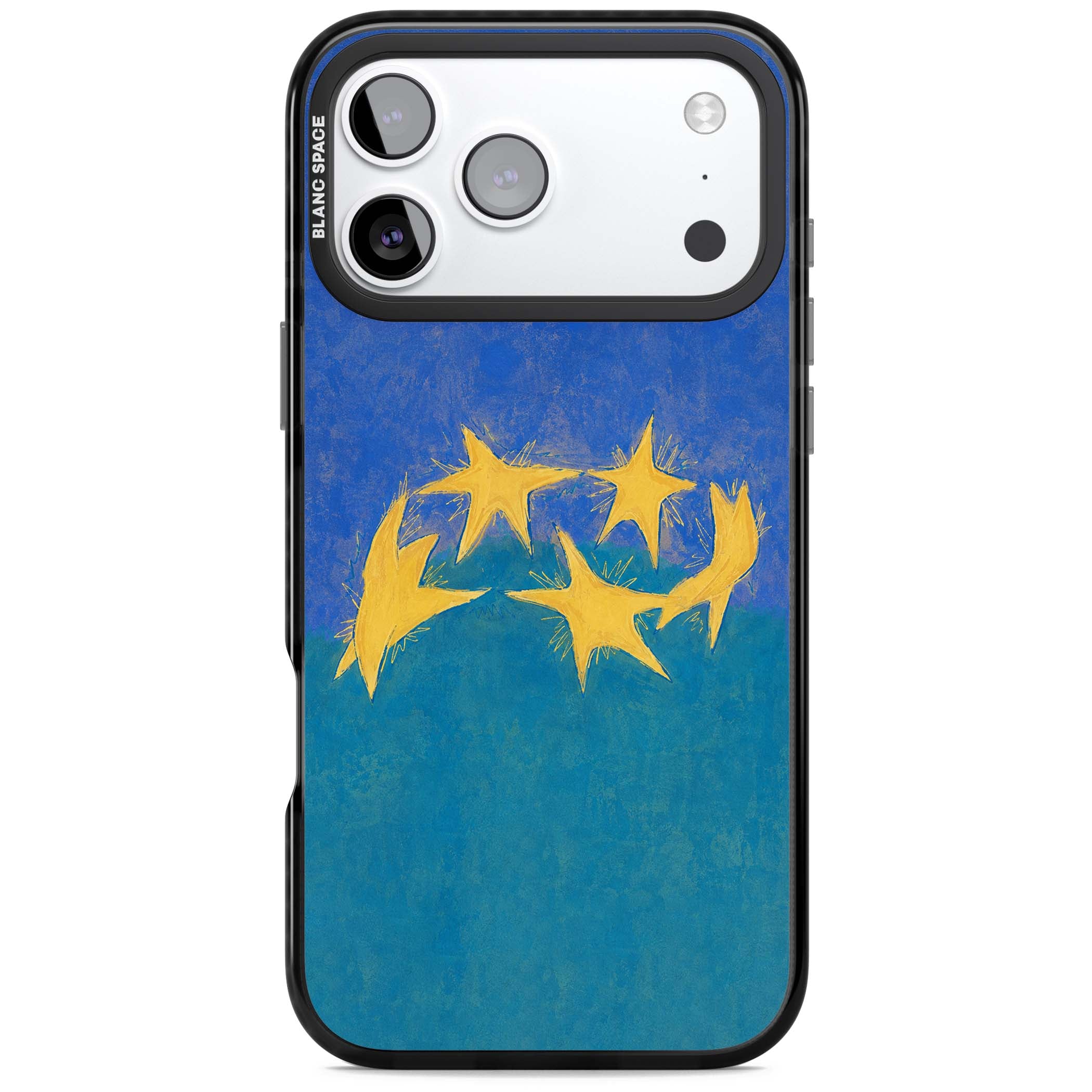 Star Boogie stars aesthetic iPhone case featuring five yellow hand-painted stars on cobalt blue and teal | Clear Impact case for iPhone 17 Pro, iPhone 17 Pro Max