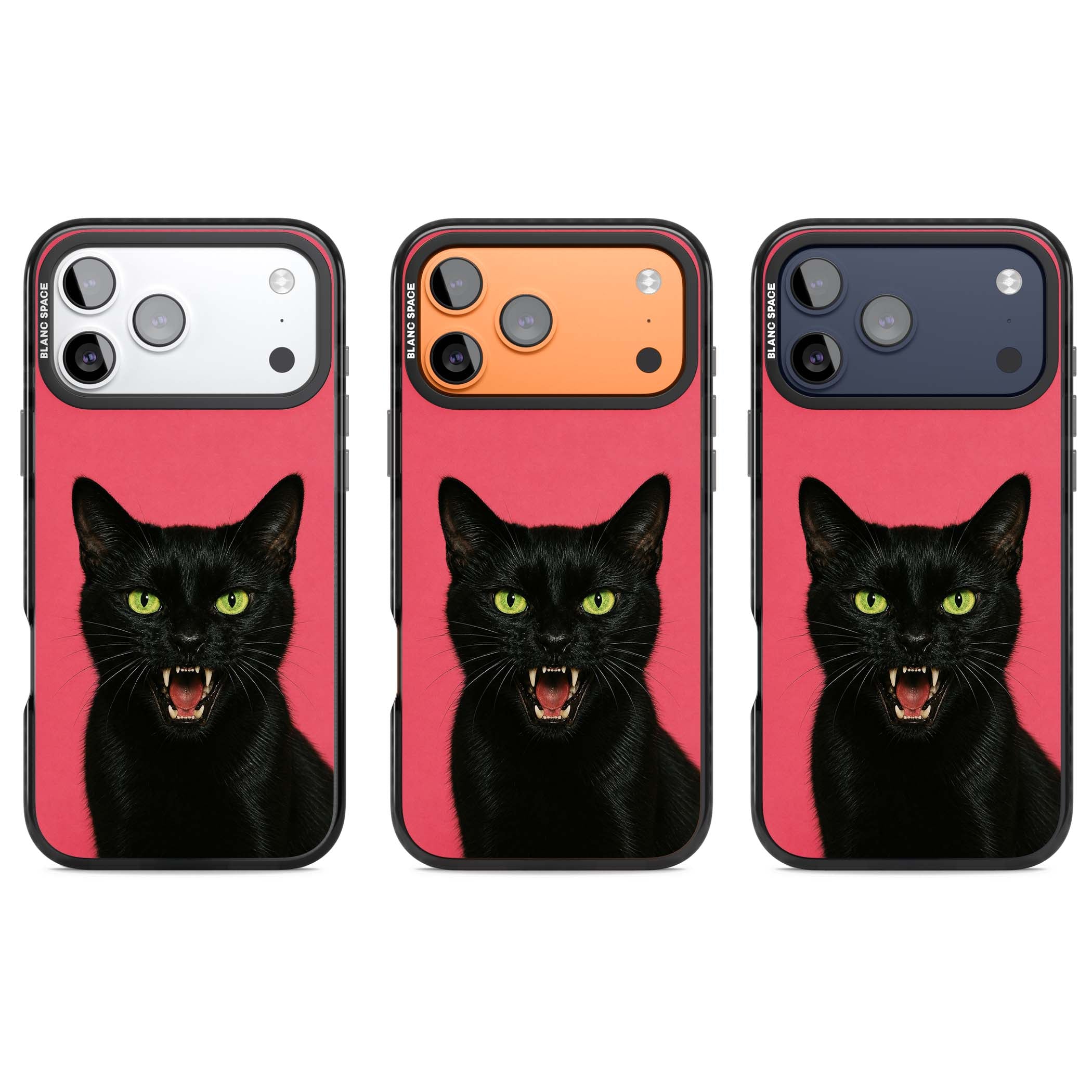 Hissin' Baddie black cat iPhone case featuring a hissing feline with green eyes on a hot pink background | Clear Impact case for iPhone 17 Pro, iPhone 17 Pro Max