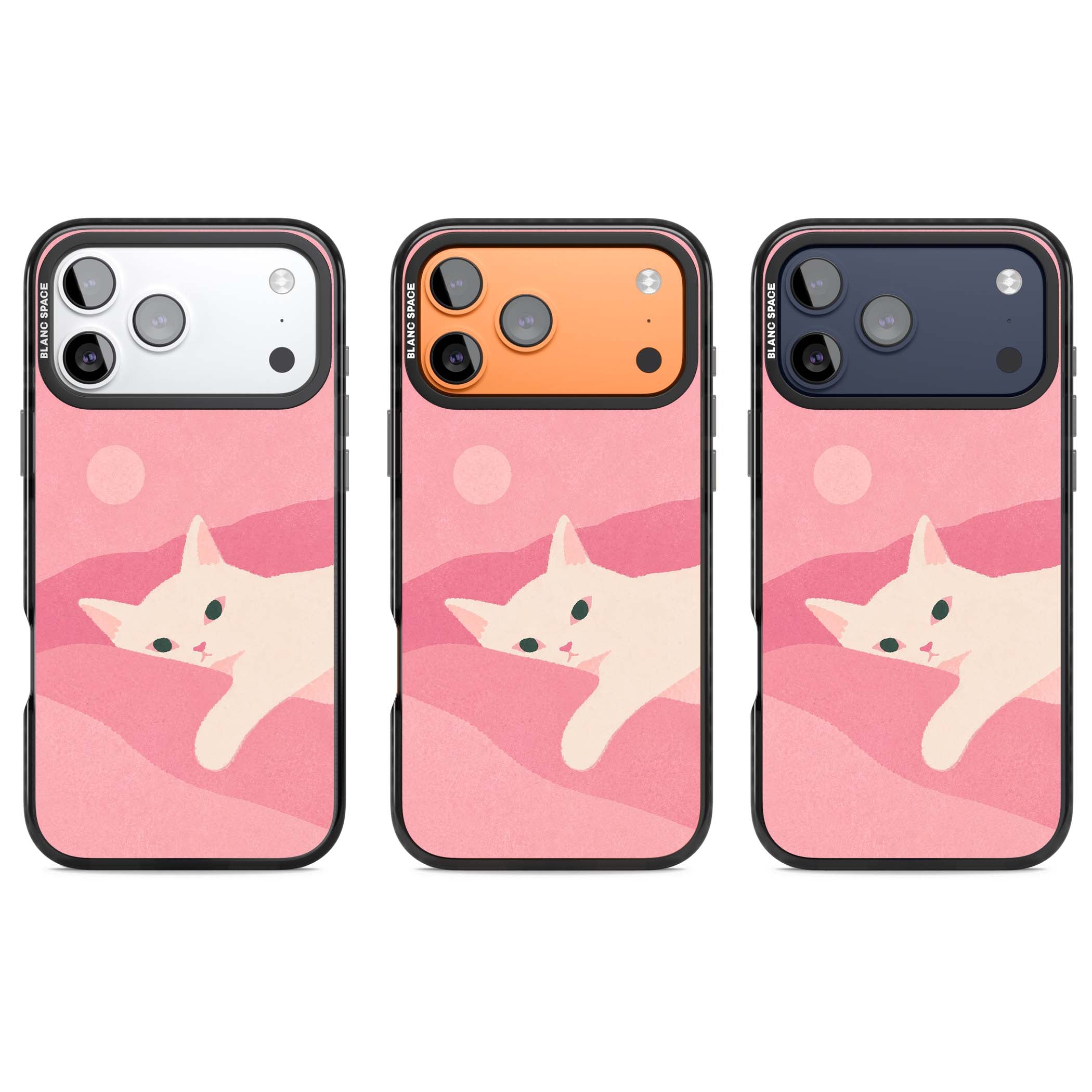 Pink Dreams cute cat iPhone case featuring a white kitten, soft pink hills and a pale pastel sun | Clear Impact case for iPhone 17 Pro, iPhone 17 Pro Max