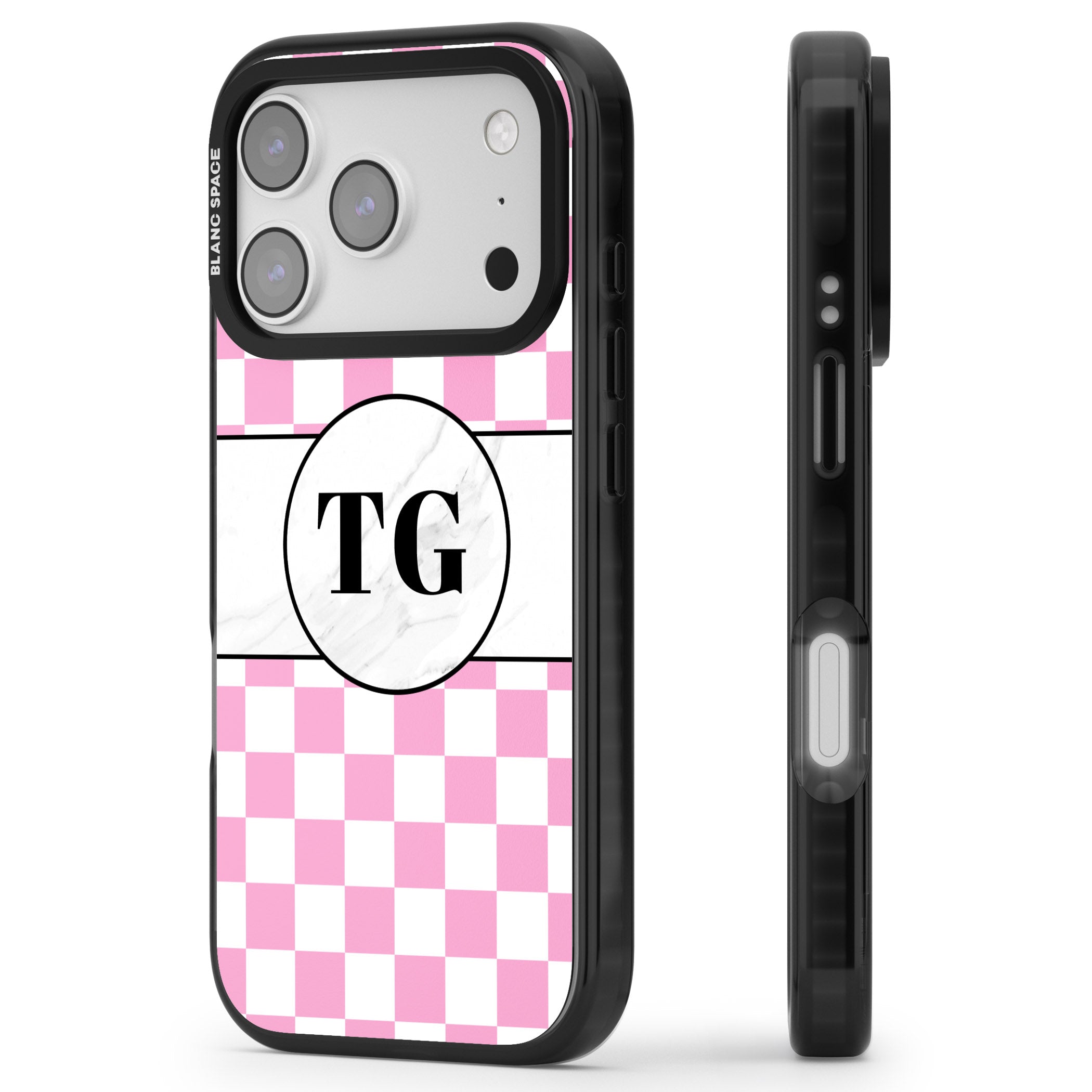 Personalised Monogrammed Pink Check iPhone 17 Pro Impact Black Phone Case Side Profile