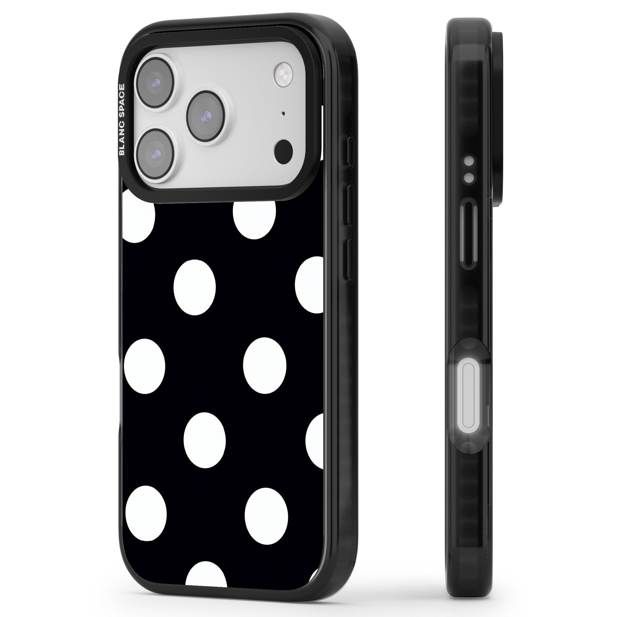 Chic Black Polka Dot iPhone 17 Pro Impact Black Phone Case Side Profile