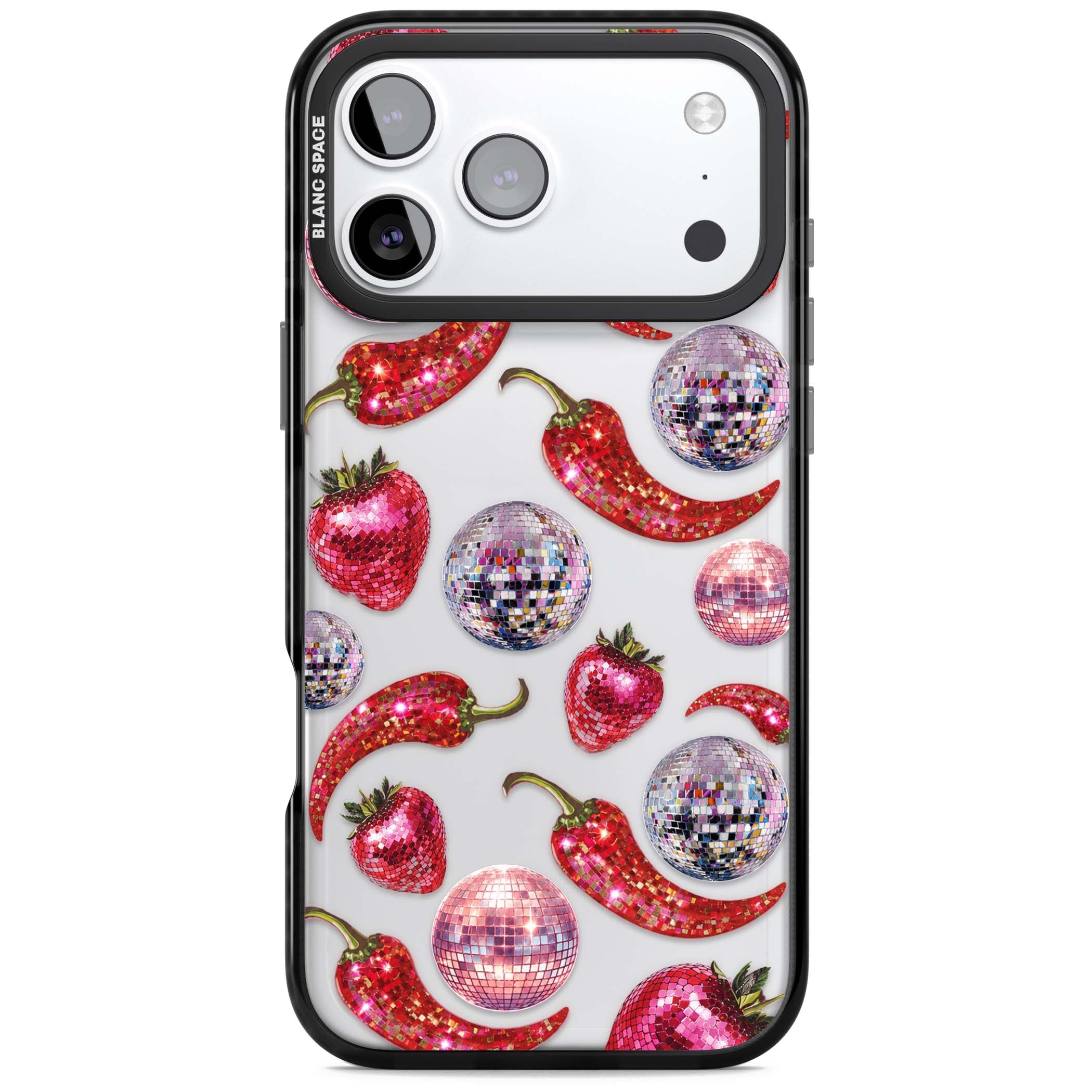 Spicy Disco Y2K iPhone case featuring glitter disco balls, sparkly strawberries and red chilli peppers | Clear Impact case for iPhone 17 Pro, iPhone 17 Pro Max