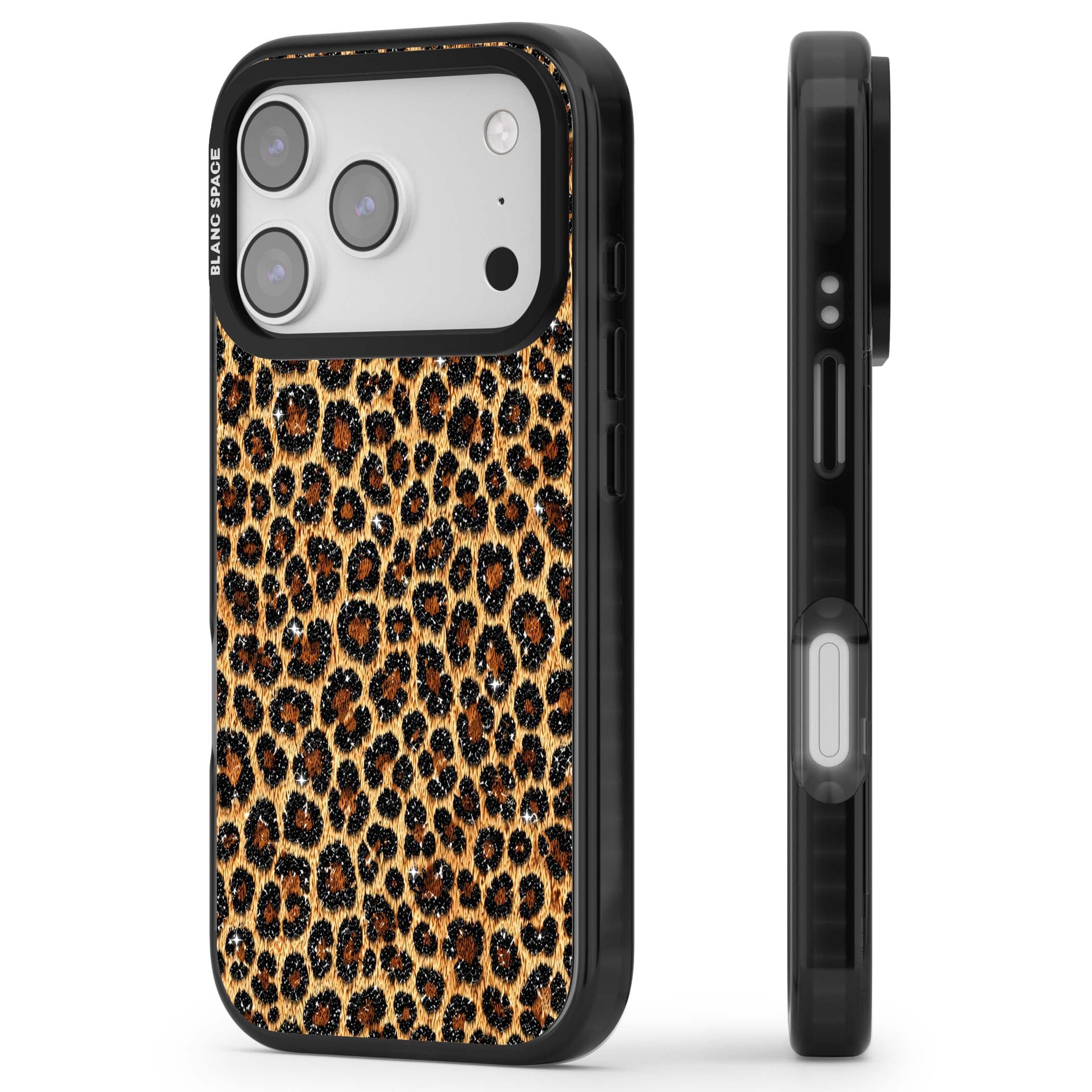 Diamond Leopard leopard print iPhone case featuring golden tan fur, black rosette spots and subtle glitter sparkle | Clear Impact case for iPhone 17 Pro, iPhone 17 Pro Max