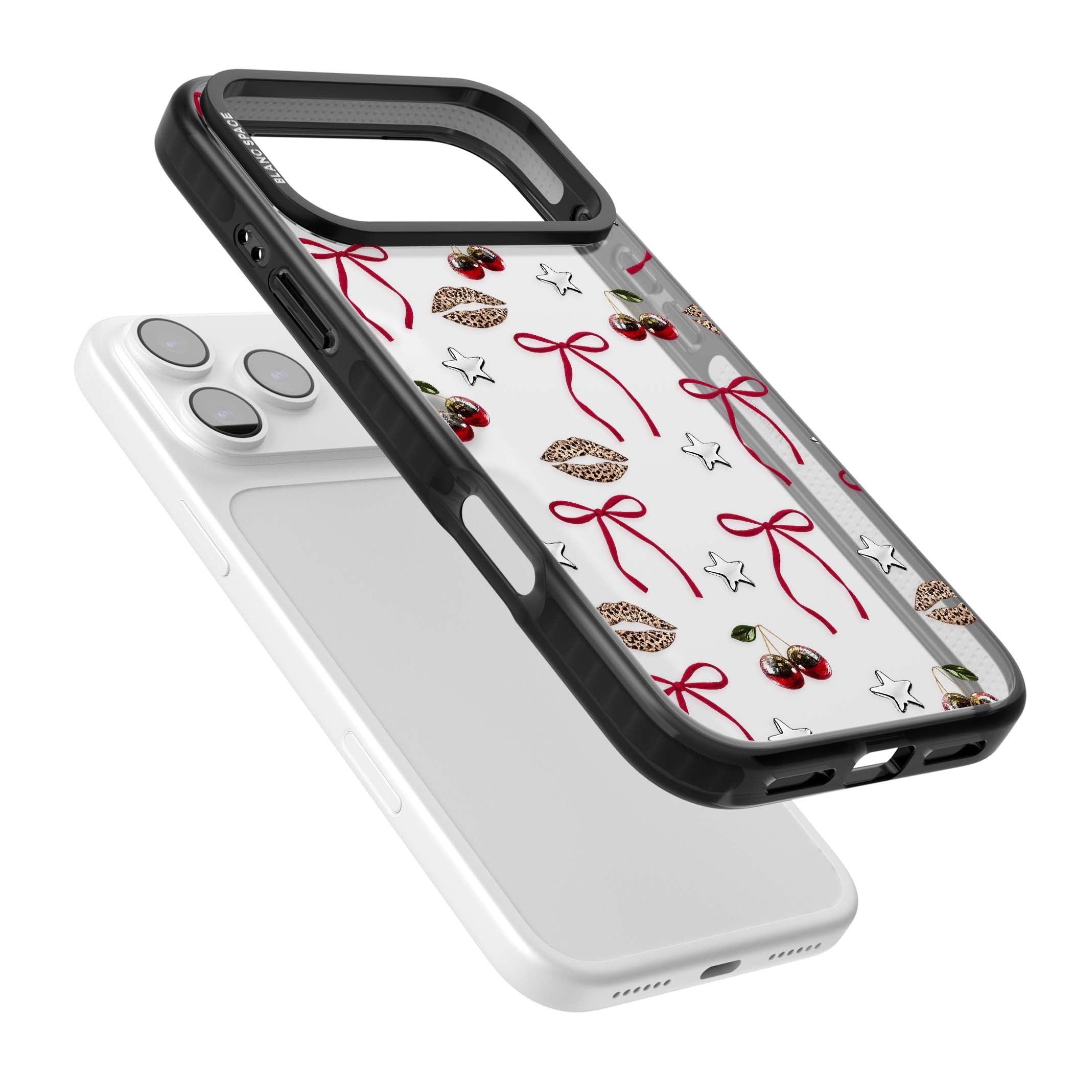 Starlet coquette iPhone case featuring red ribbon bows, disco cherries and leopard-print lips | Clear Impact case for iPhone 17 Pro, iPhone 17 Pro Max