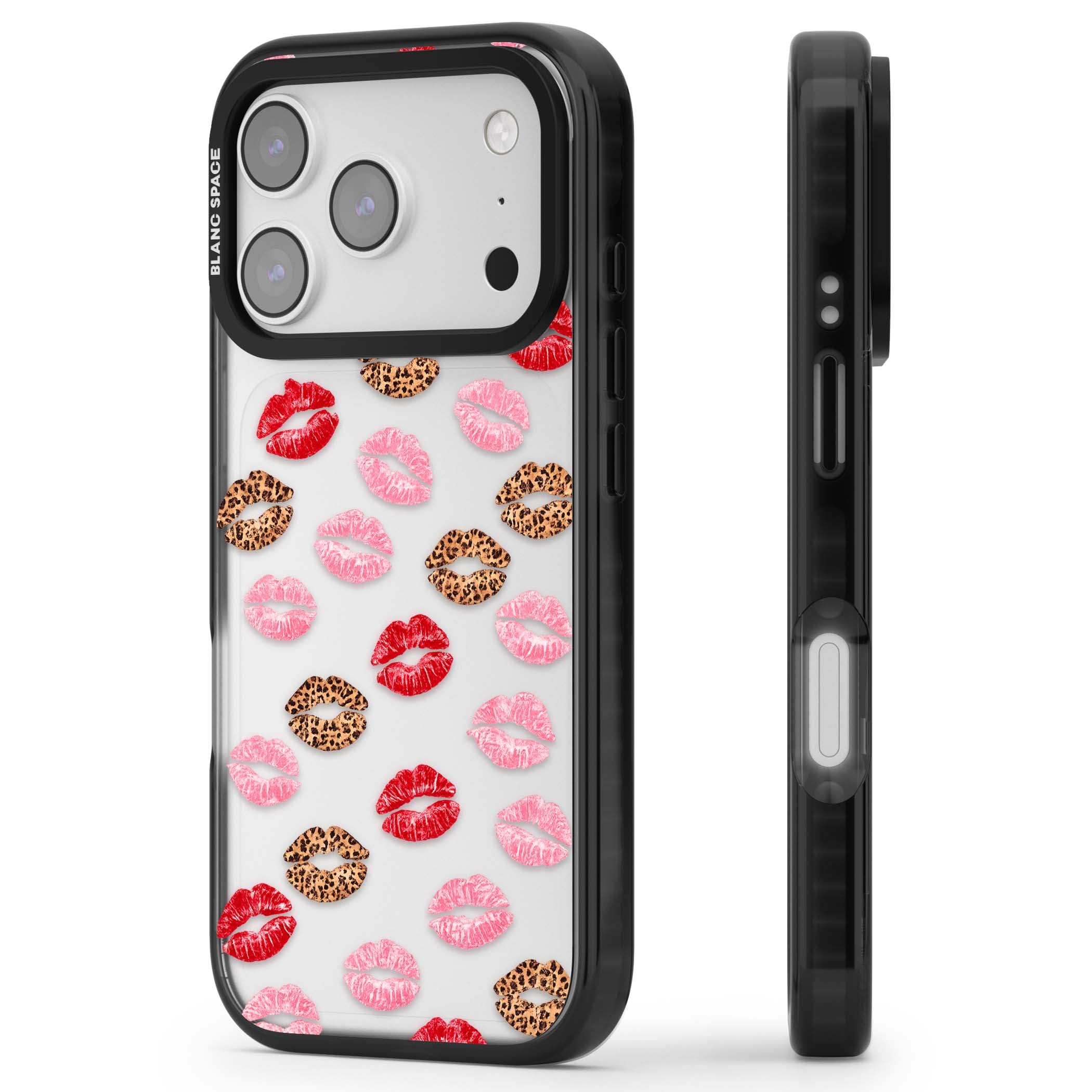 Wild Kisses coquette iPhone case featuring red, pink and leopard print lipstick kiss marks on a clear background | Clear Impact case for iPhone 17 Pro, iPhone 17 Pro Max