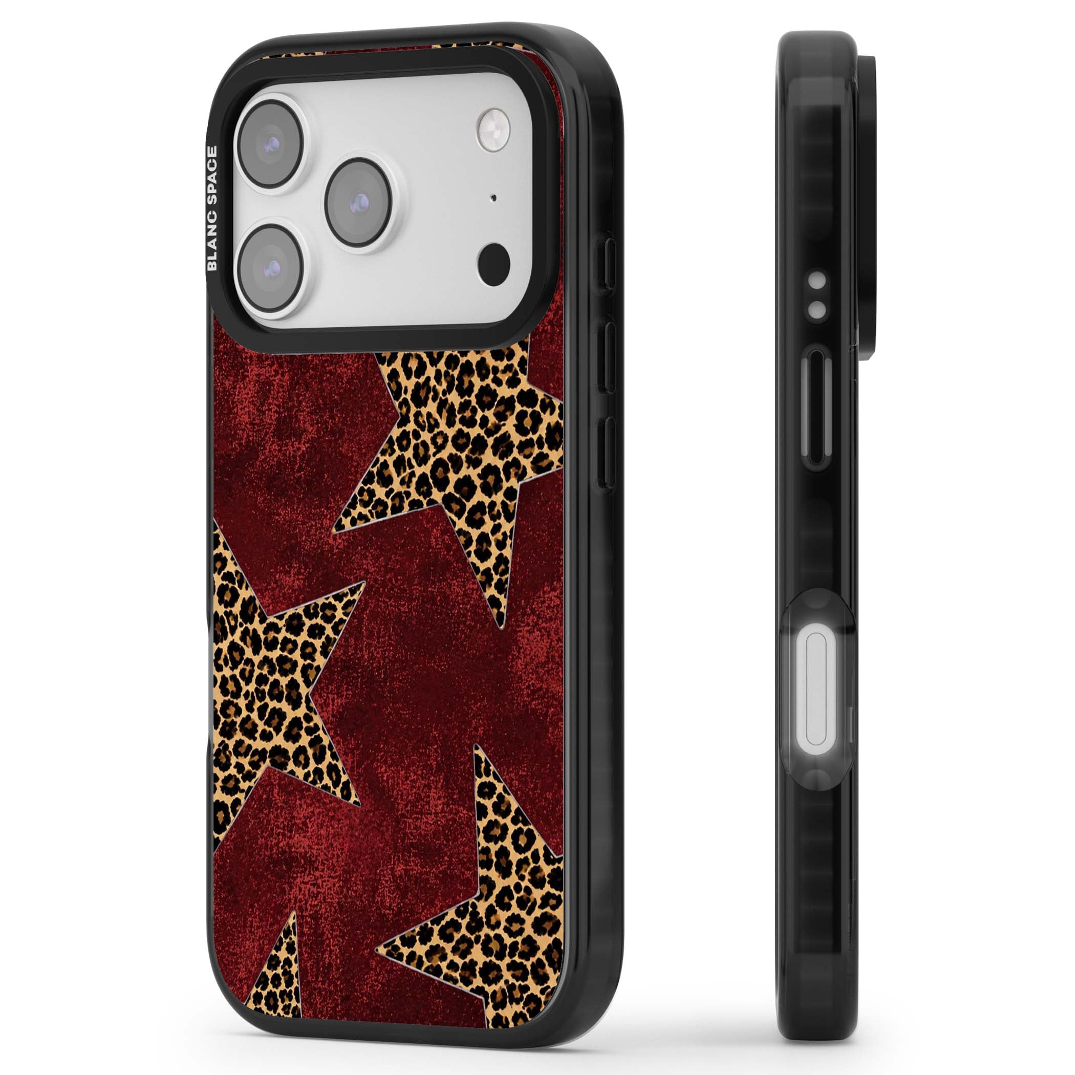 Showgirl leopard print iPhone case featuring cheetah print stars on distressed red grunge background | Clear Impact case for iPhone 17 Pro, iPhone 17 Pro Max