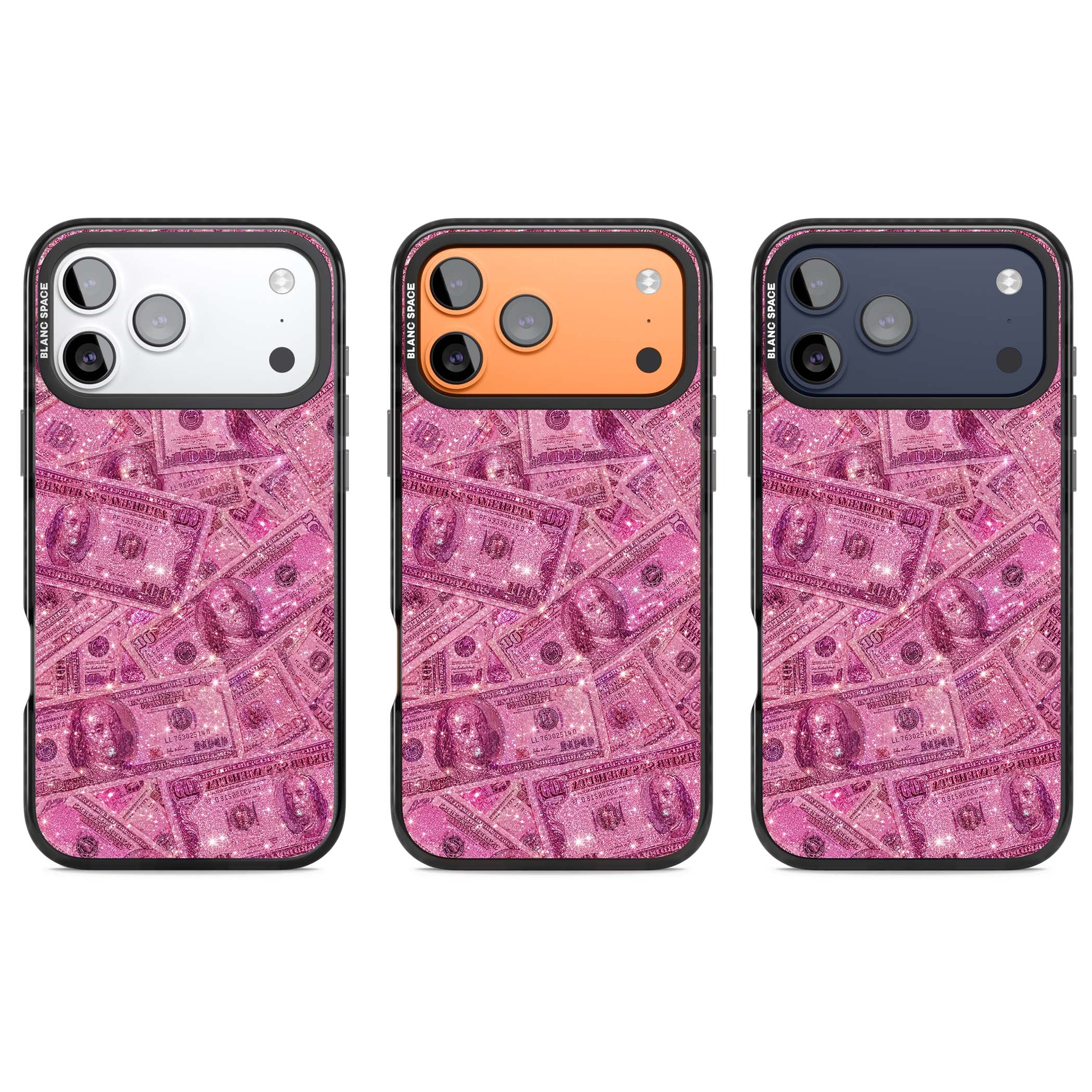 Glamorous baddie iPhone case featuring pink glitter hundred dollar bills and sparkling money wallpaper design | Clear Impact case for iPhone 17 Pro, iPhone 17 Pro Max