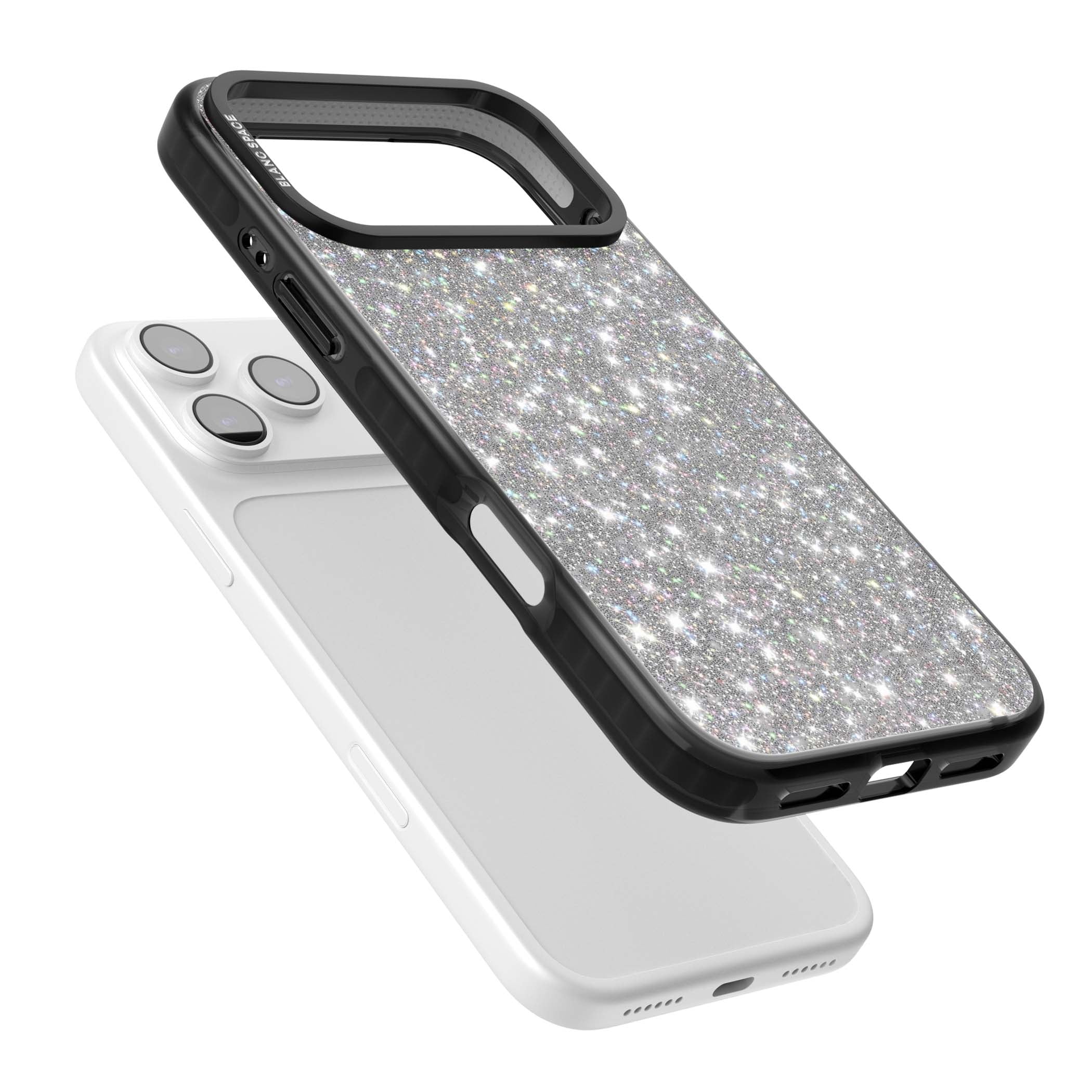 Diamond glam iPhone case featuring silver glitter sparkle and shimmering diamond dust effect | Clear Impact case for iPhone 17 Pro, iPhone 17 Pro Max