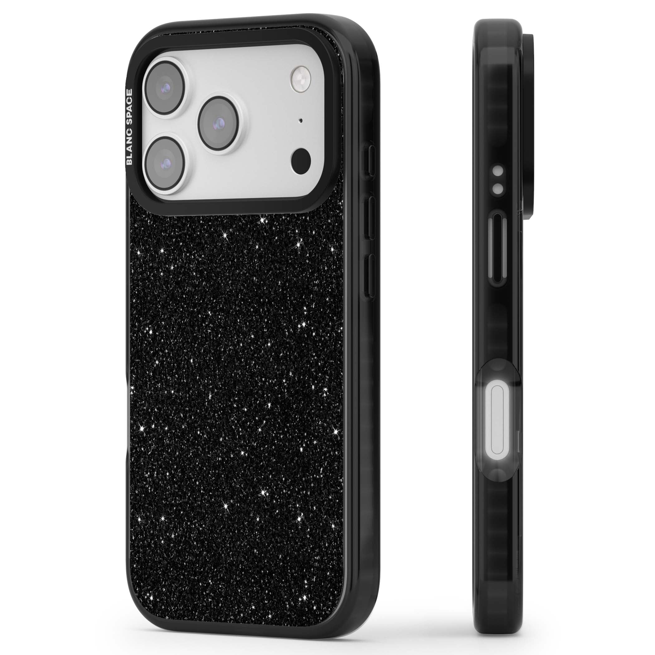 Black Glitter black glitter iPhone case featuring an all-over sparkly shimmer pattern on a jet black base | Clear Impact case for iPhone 17 Pro, iPhone 17 Pro Max