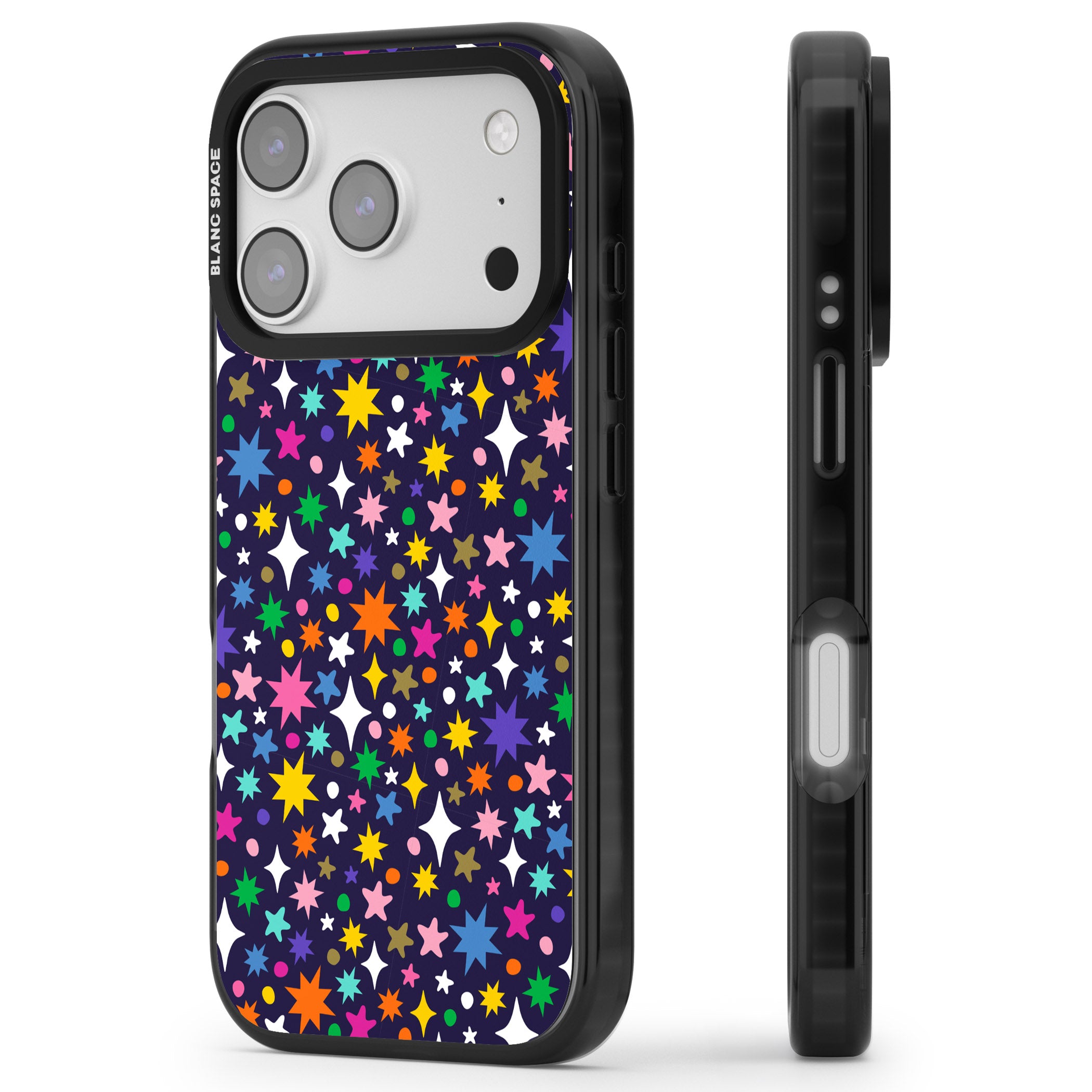 Rainbow Starburst (Purple) iPhone 17 Pro Impact Black Phone Case Side Profile