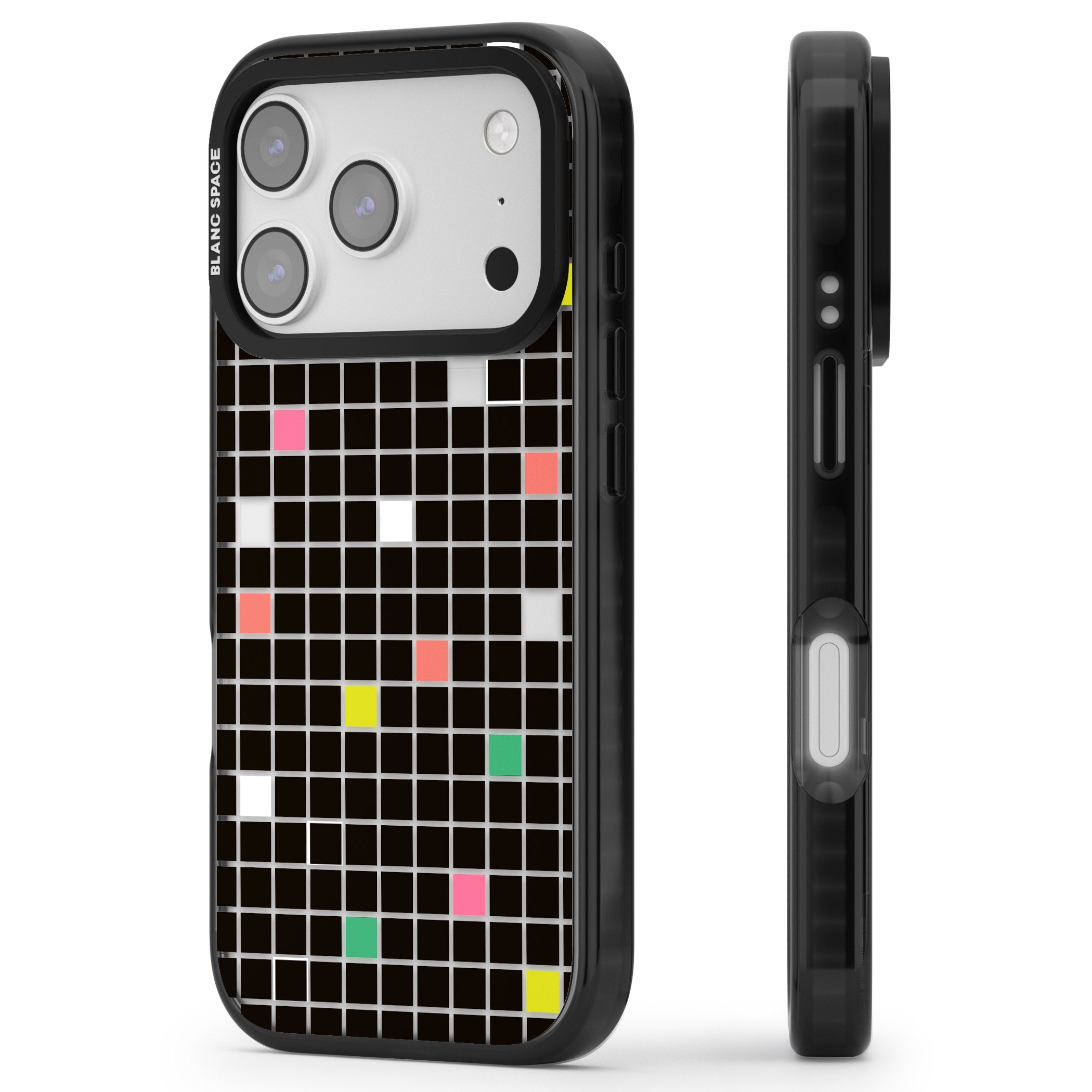 Vibrant Black Geometric Grid iPhone 17 Pro Impact Black Phone Case Side Profile