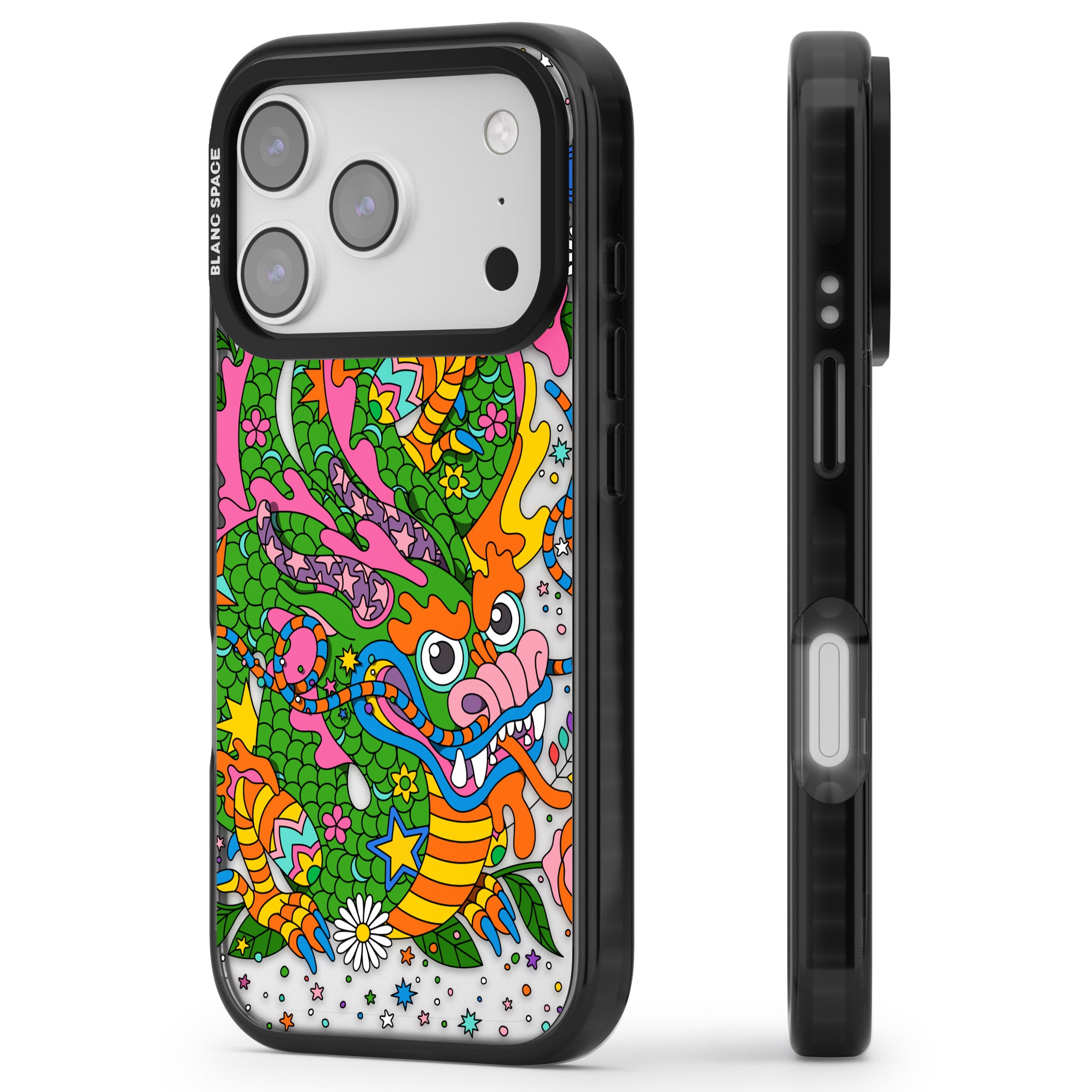 Psychedelic Jungle Dragon iPhone 17 Pro Impact Black Phone Case Side Profile