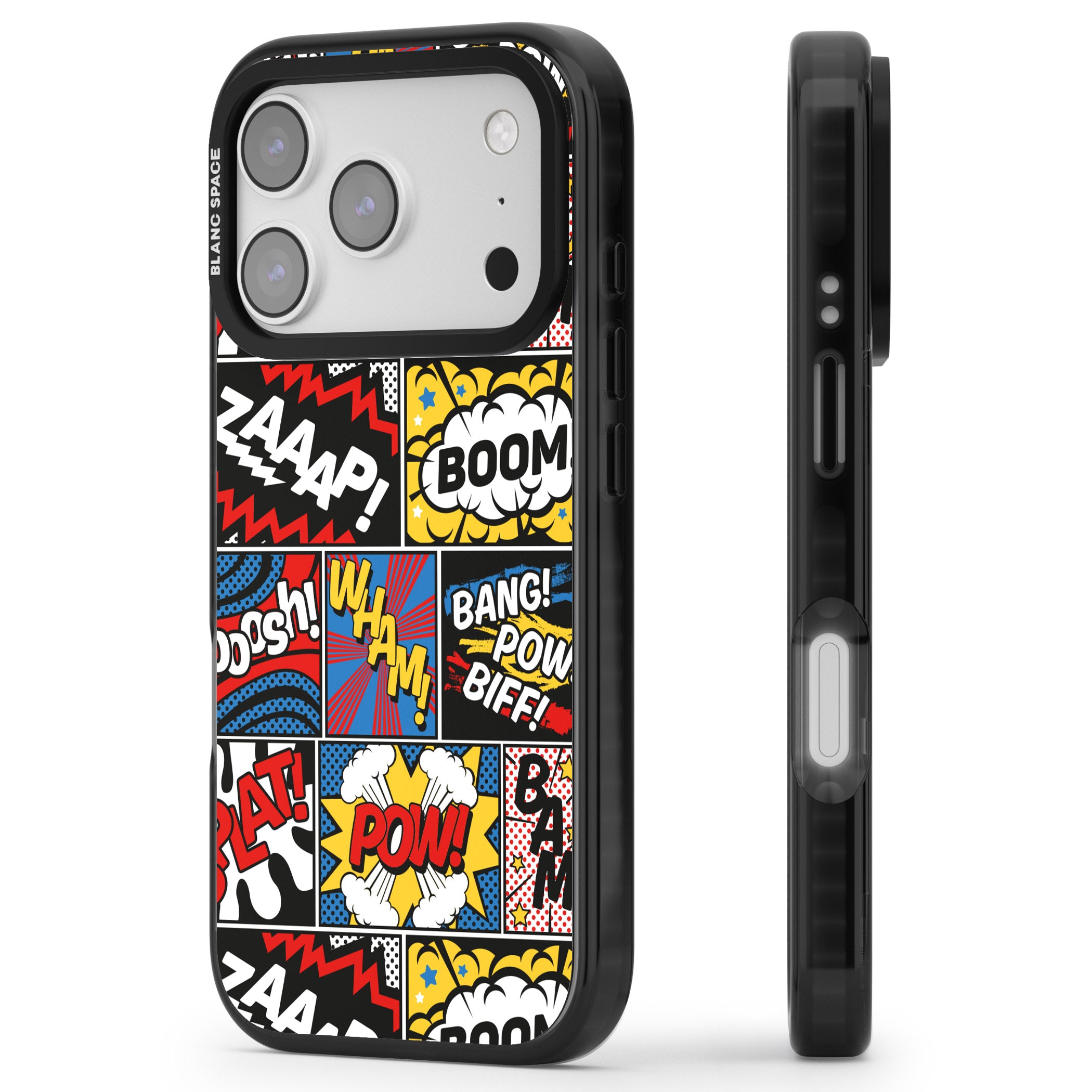 Onomatopoeia iPhone 17 Pro Impact Black Phone Case Side Profile