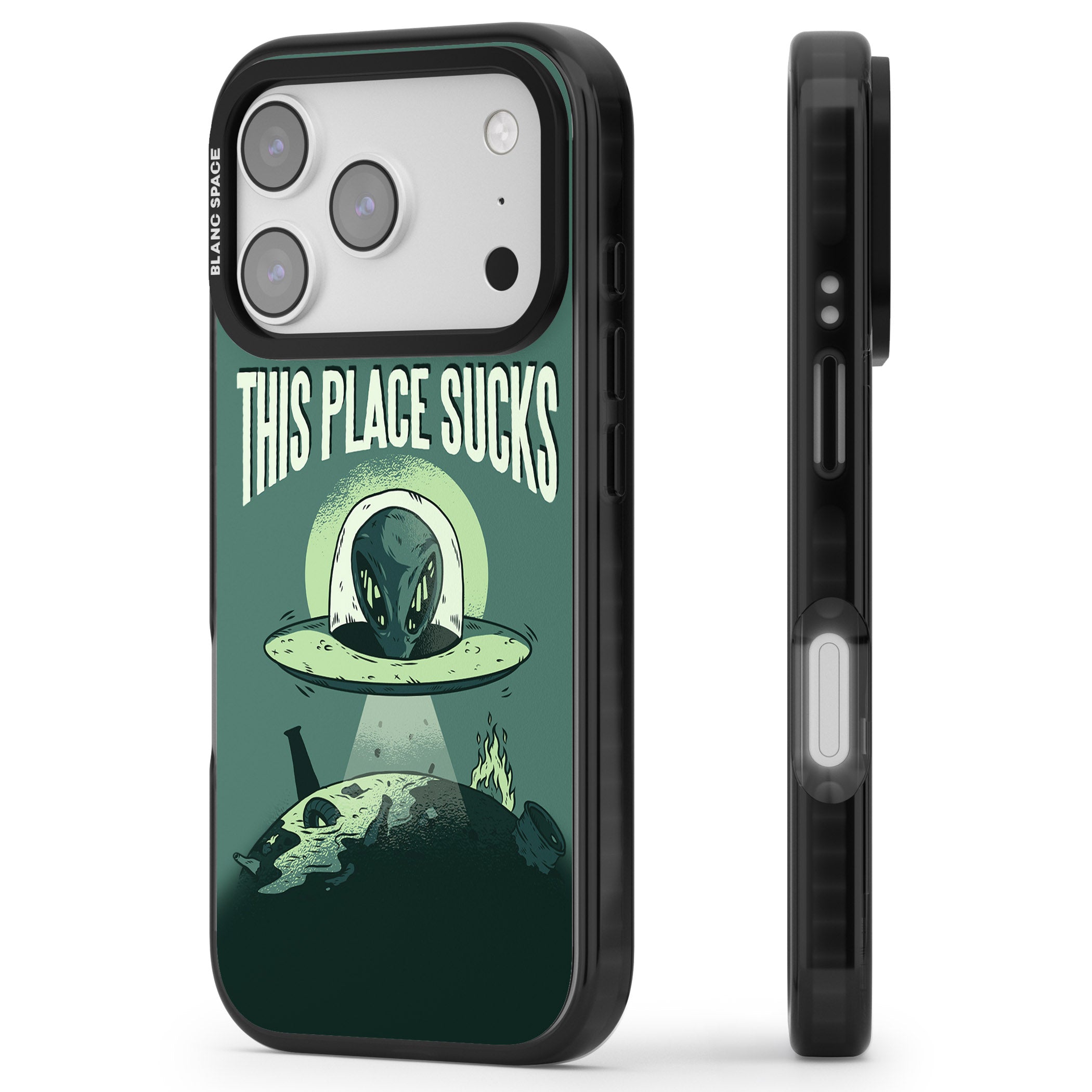 Earth Sucks iPhone 17 Pro Impact Black Phone Case Side Profile