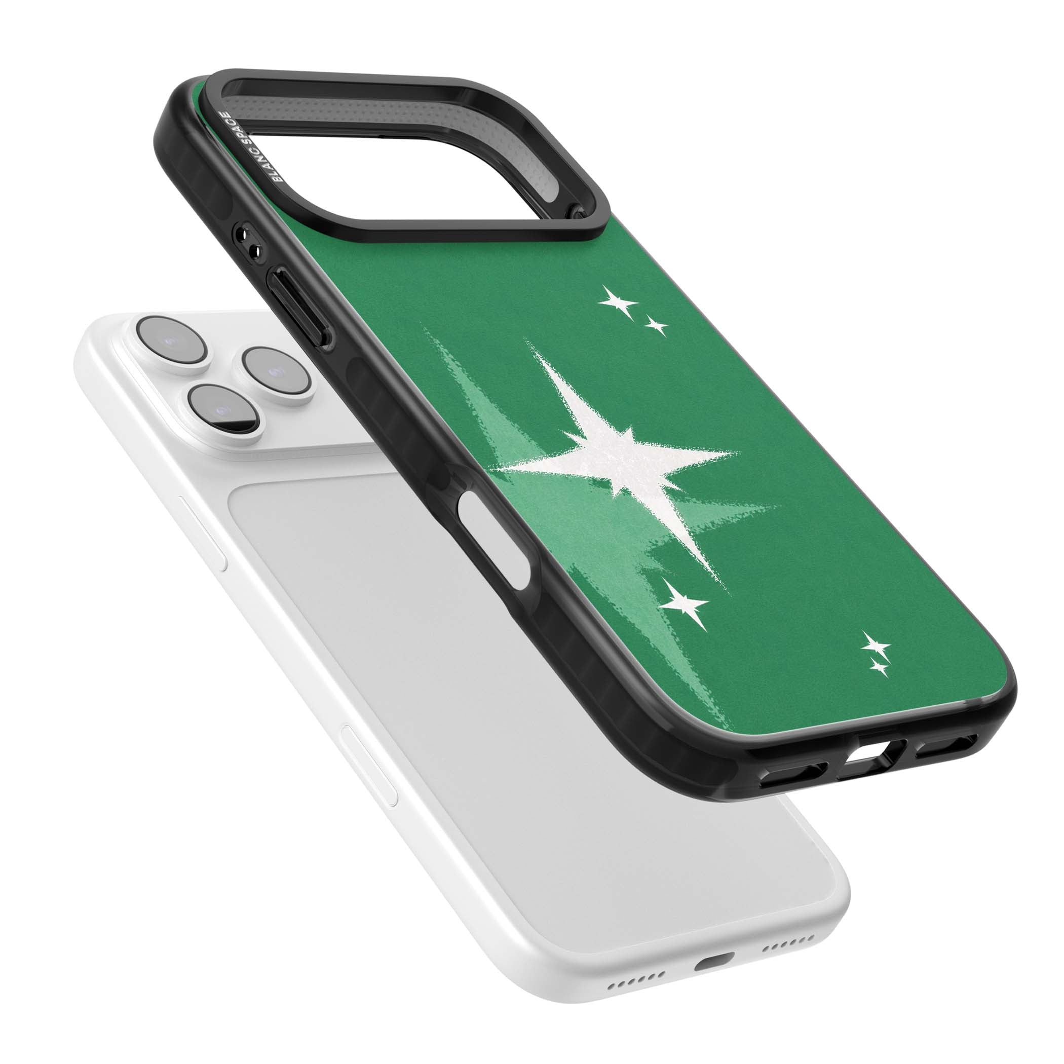 Green Sparkle celestial iPhone case featuring sparkling white four-point stars on a deep green background | Clear Impact case for iPhone 17 Pro, iPhone 17 Pro Max