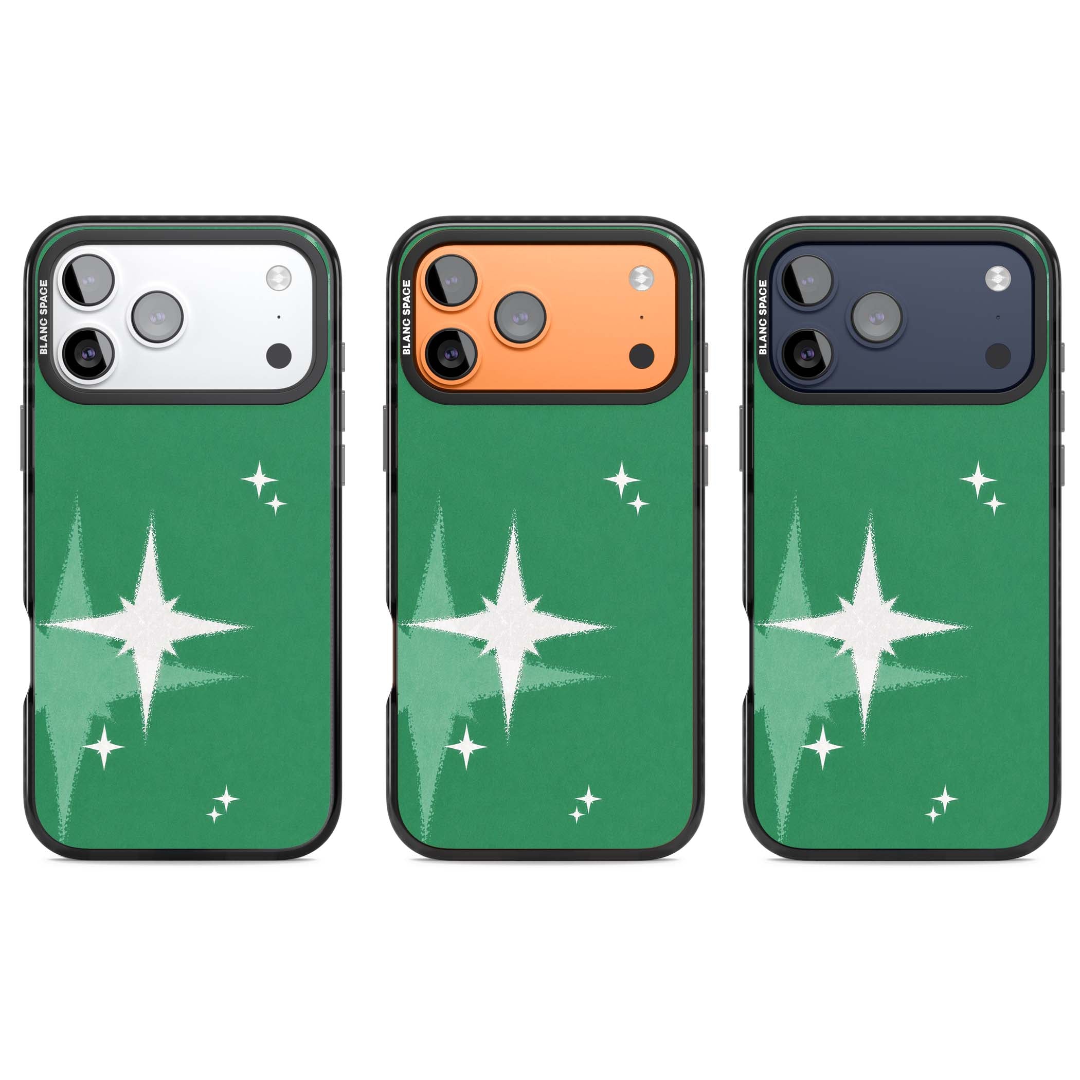 Green Sparkle celestial iPhone case featuring sparkling white four-point stars on a deep green background | Clear Impact case for iPhone 17 Pro, iPhone 17 Pro Max