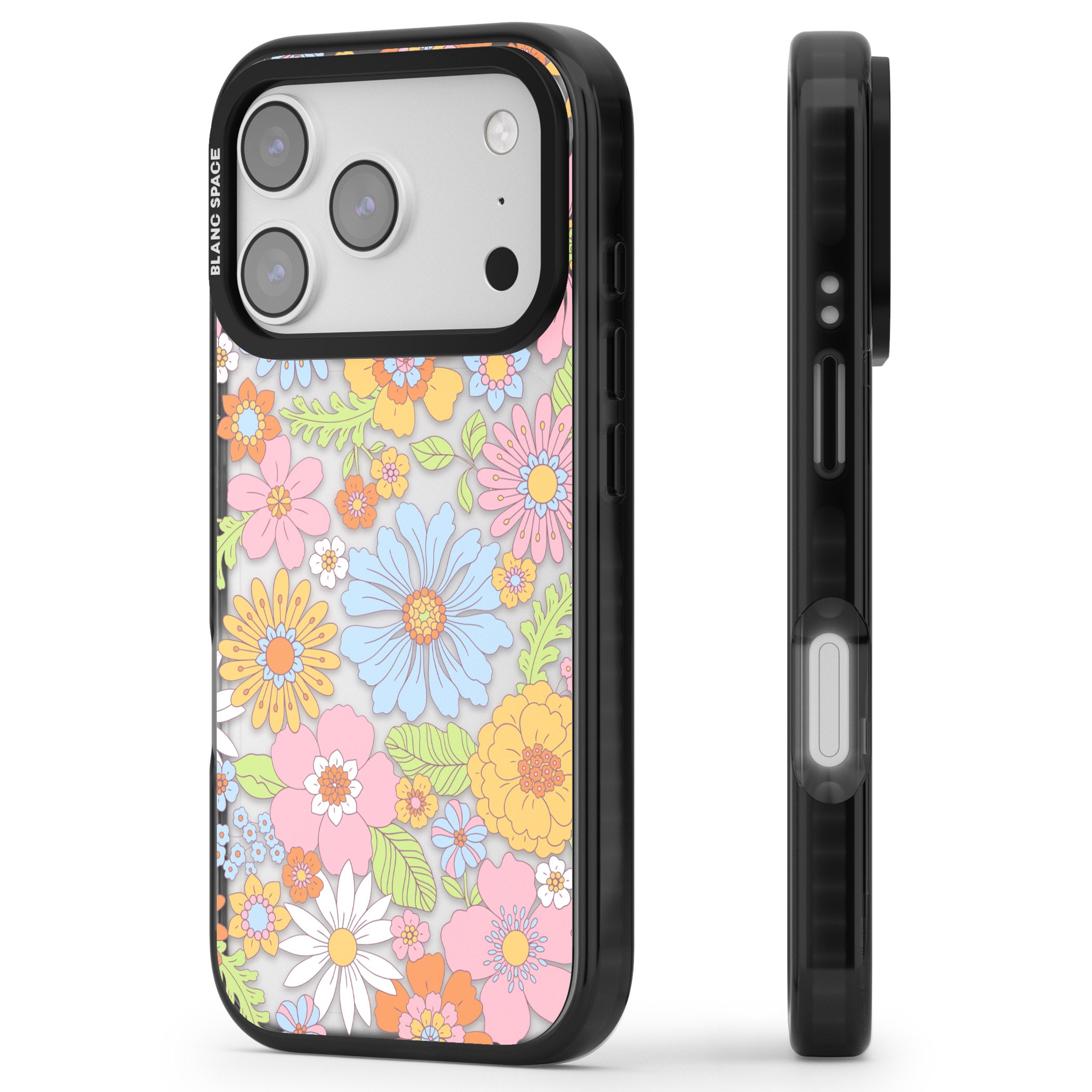 Pastel Flower Pattern iPhone 17 Pro Impact Black Phone Case Side Profile