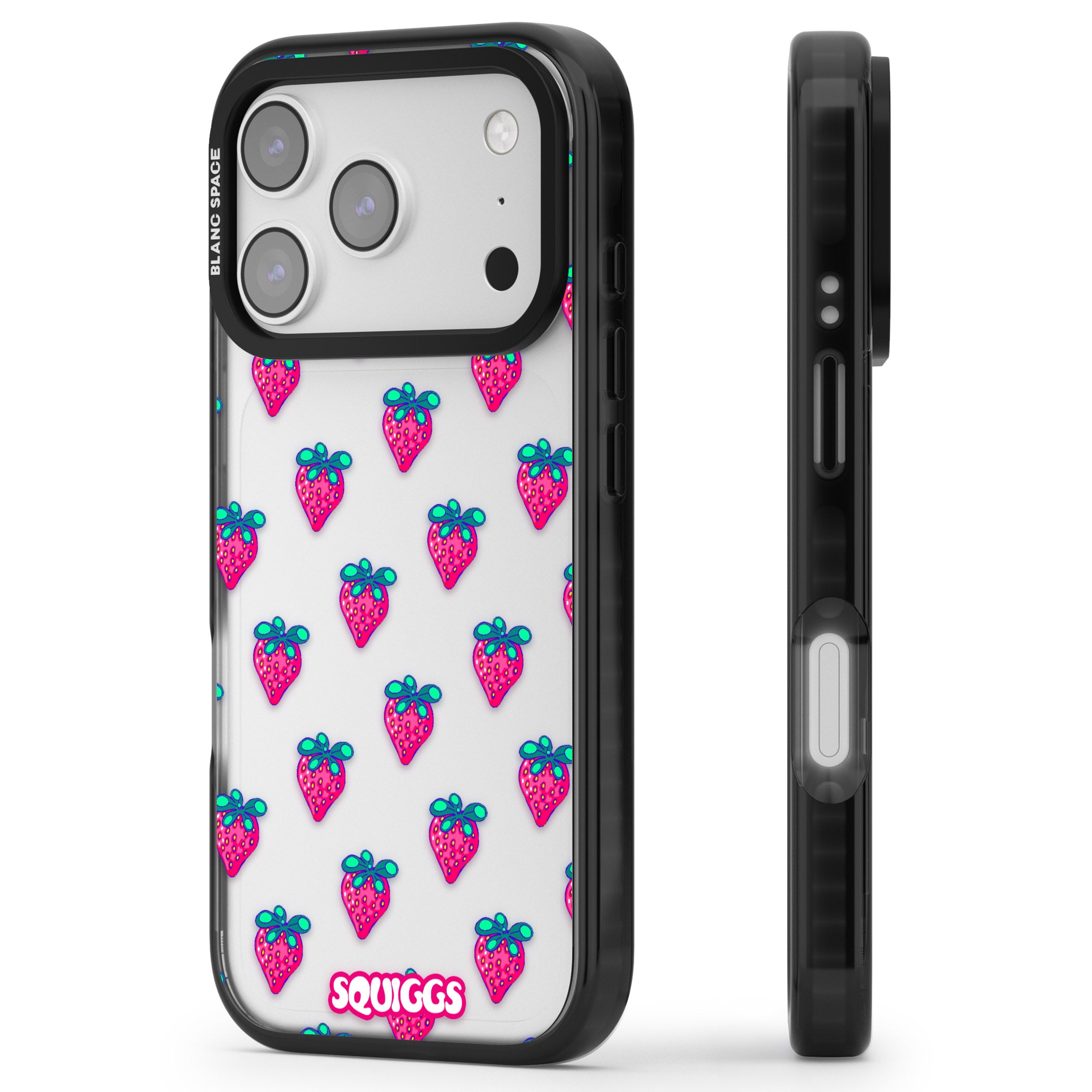 Strawberry Patch iPhone 17 Pro Impact Black Phone Case Side Profile