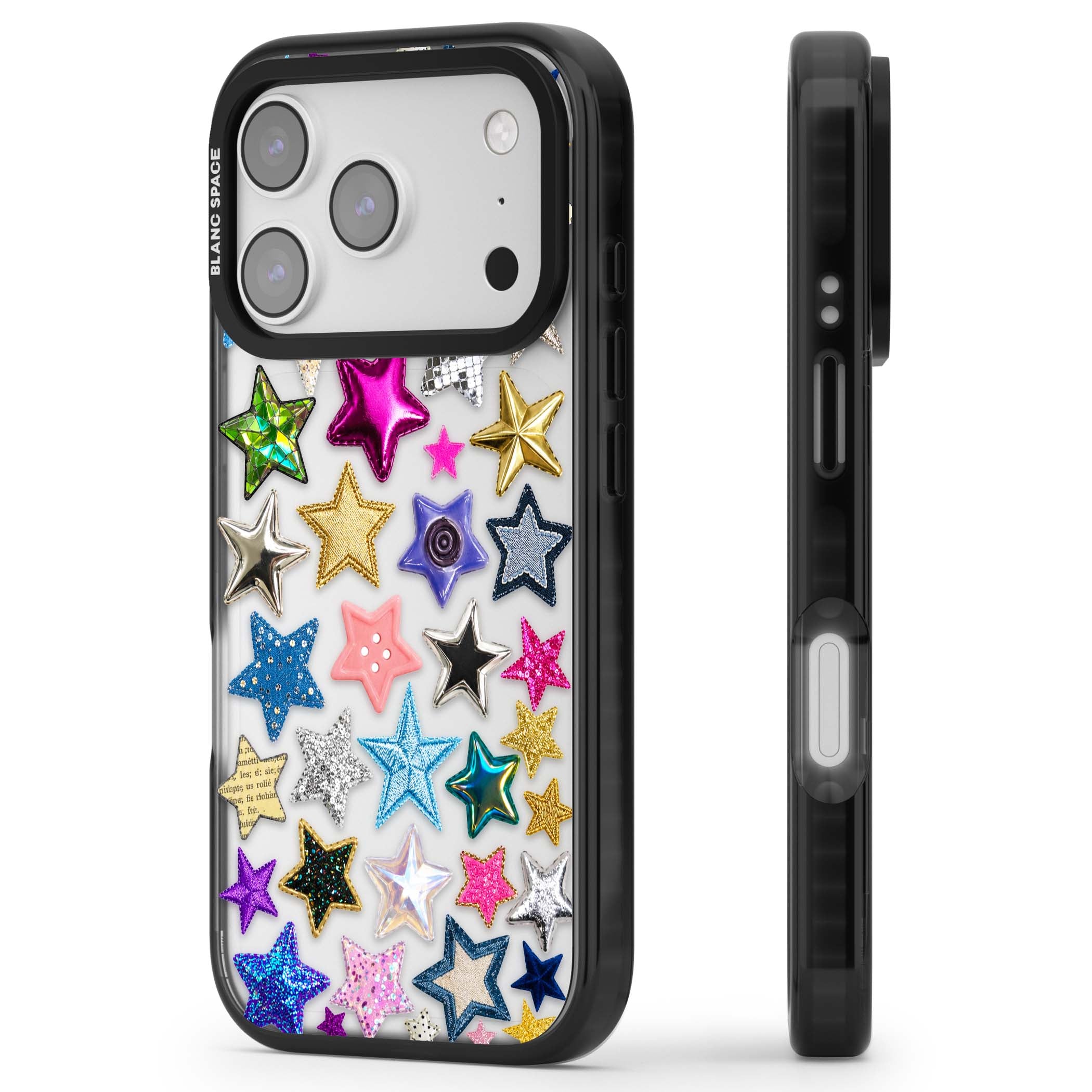 Crafty Star Mix Y2K iPhone case featuring embroidered, sequinned and glitter star patches in rainbow colours | Clear Impact case for iPhone 17 Pro, iPhone 17 Pro Max