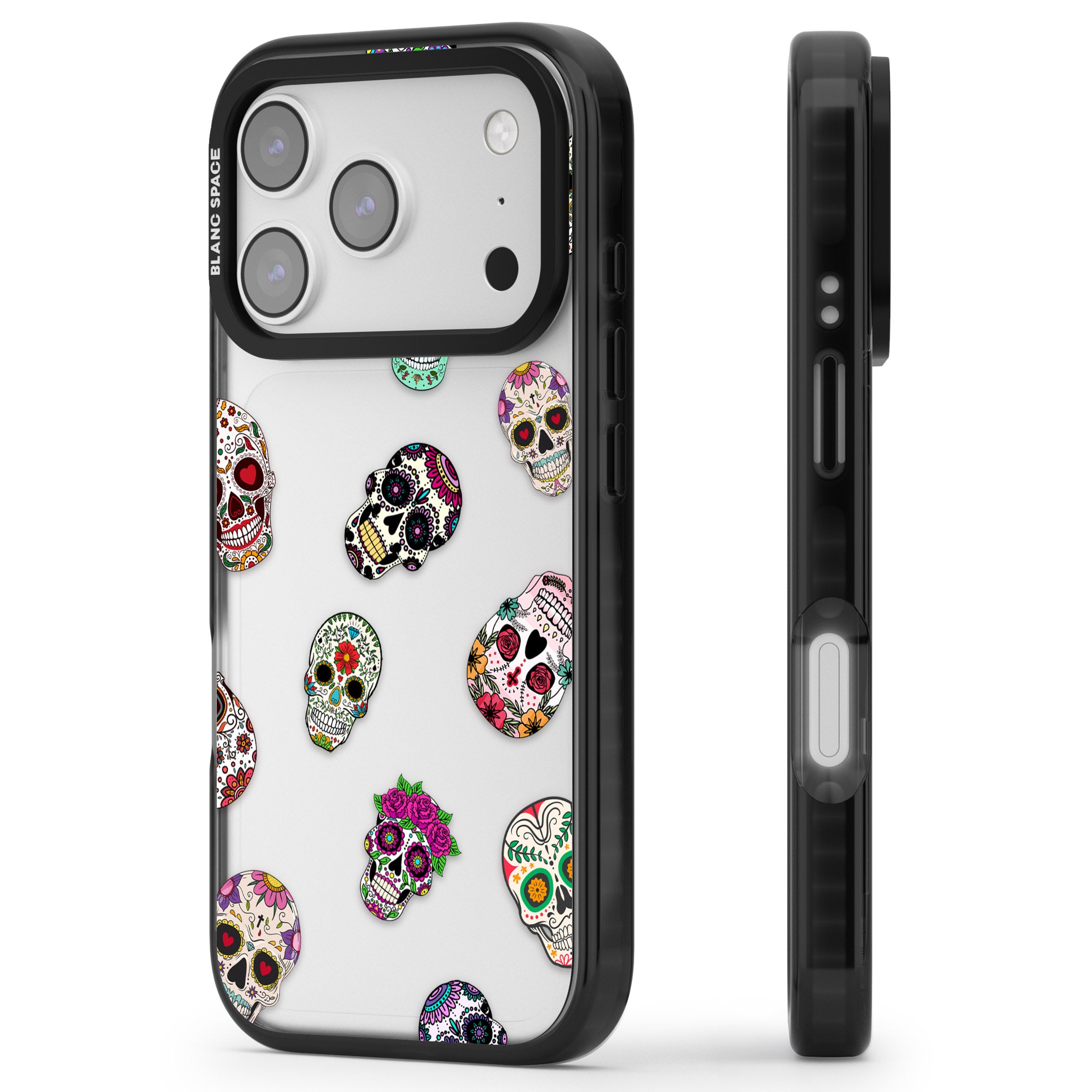 Mixed Sugar Skull Pattern iPhone 17 Pro Impact Black Phone Case Side Profile