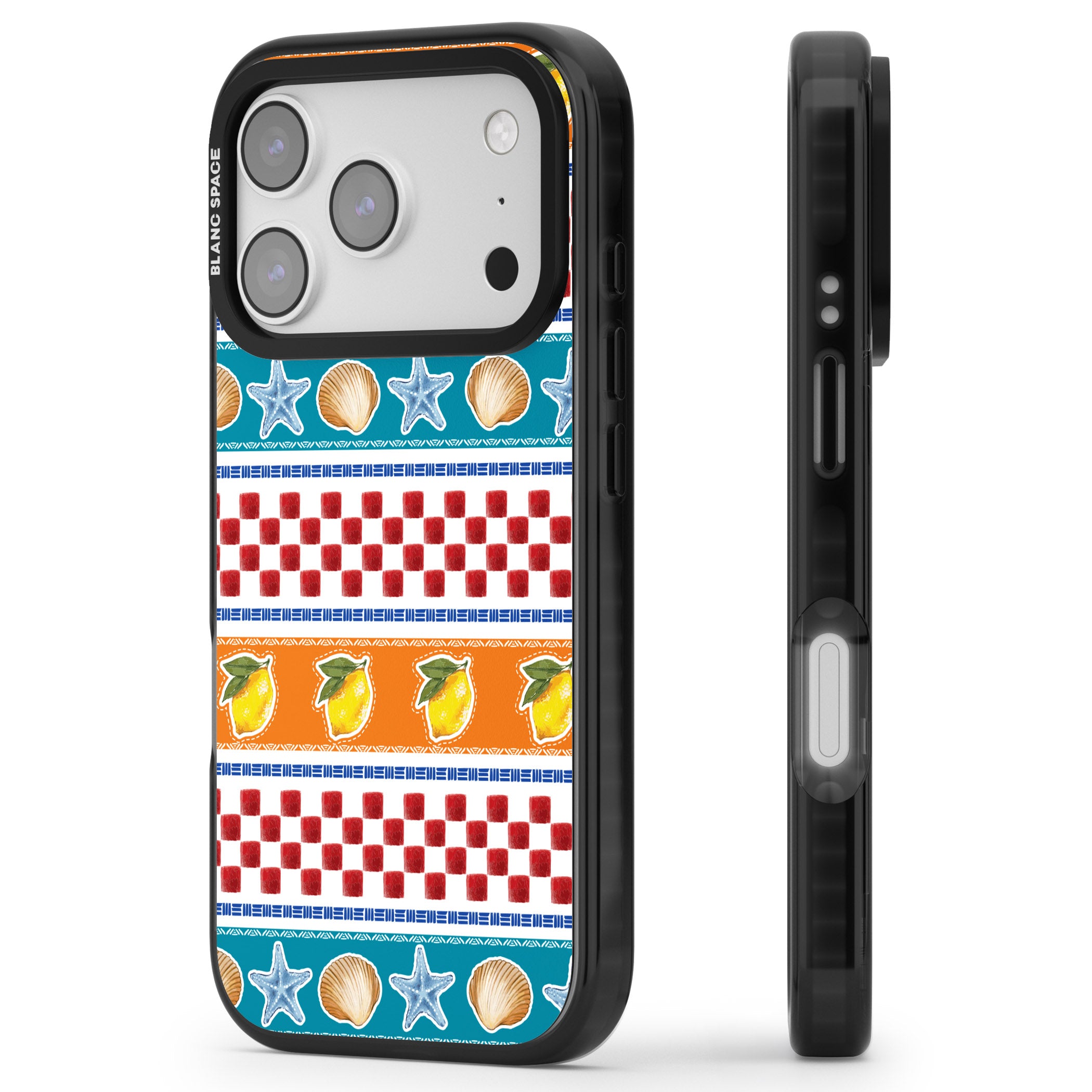 Coastal Italian Check Pattern iPhone 17 Pro Max Impact Black Phone Case Side Profile
