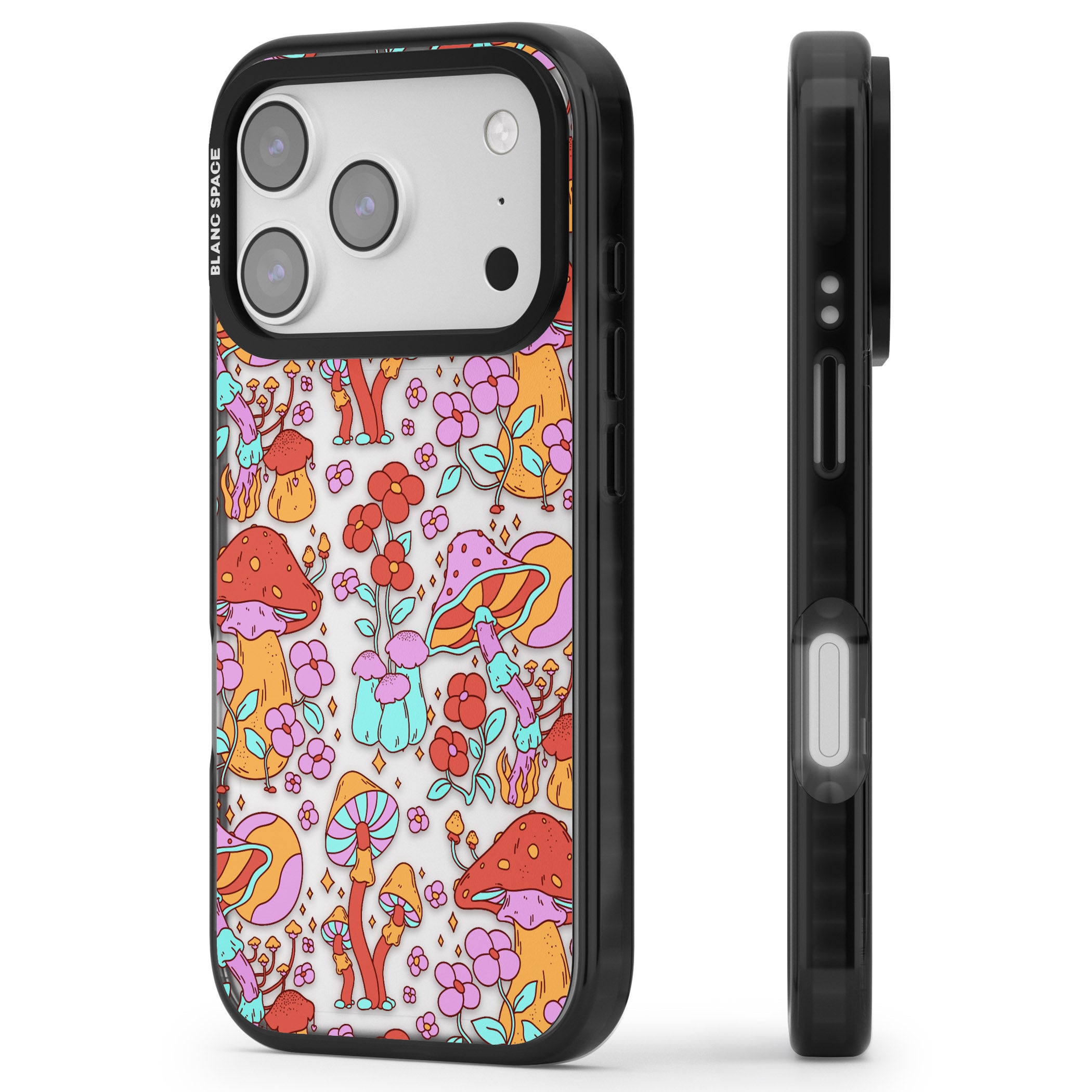 Psychedelic Flowers & Mushrooms iPhone 17 Pro Impact Black Phone Case Side Profile