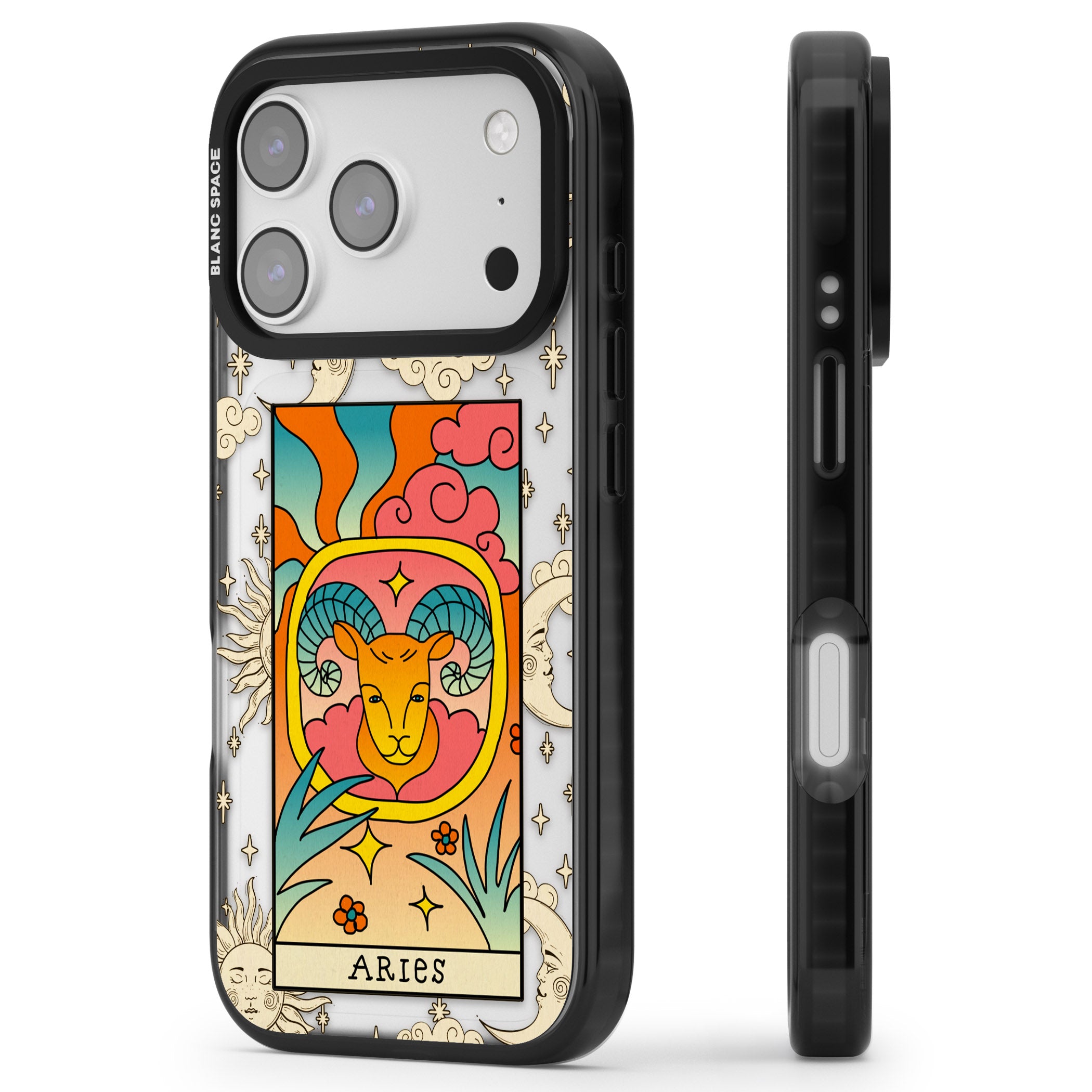 Celestial Zodiac Aries iPhone 17 Pro Impact Black Phone Case Side Profile