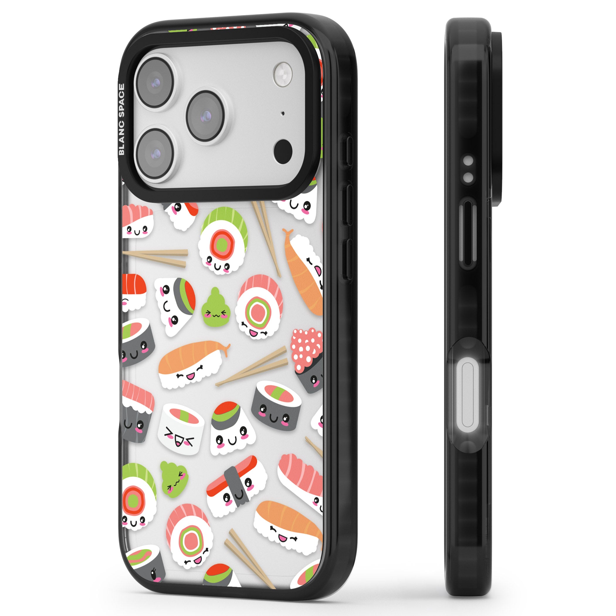 Kawaii Sushi Party iPhone 17 Pro Impact Black Phone Case Side Profile