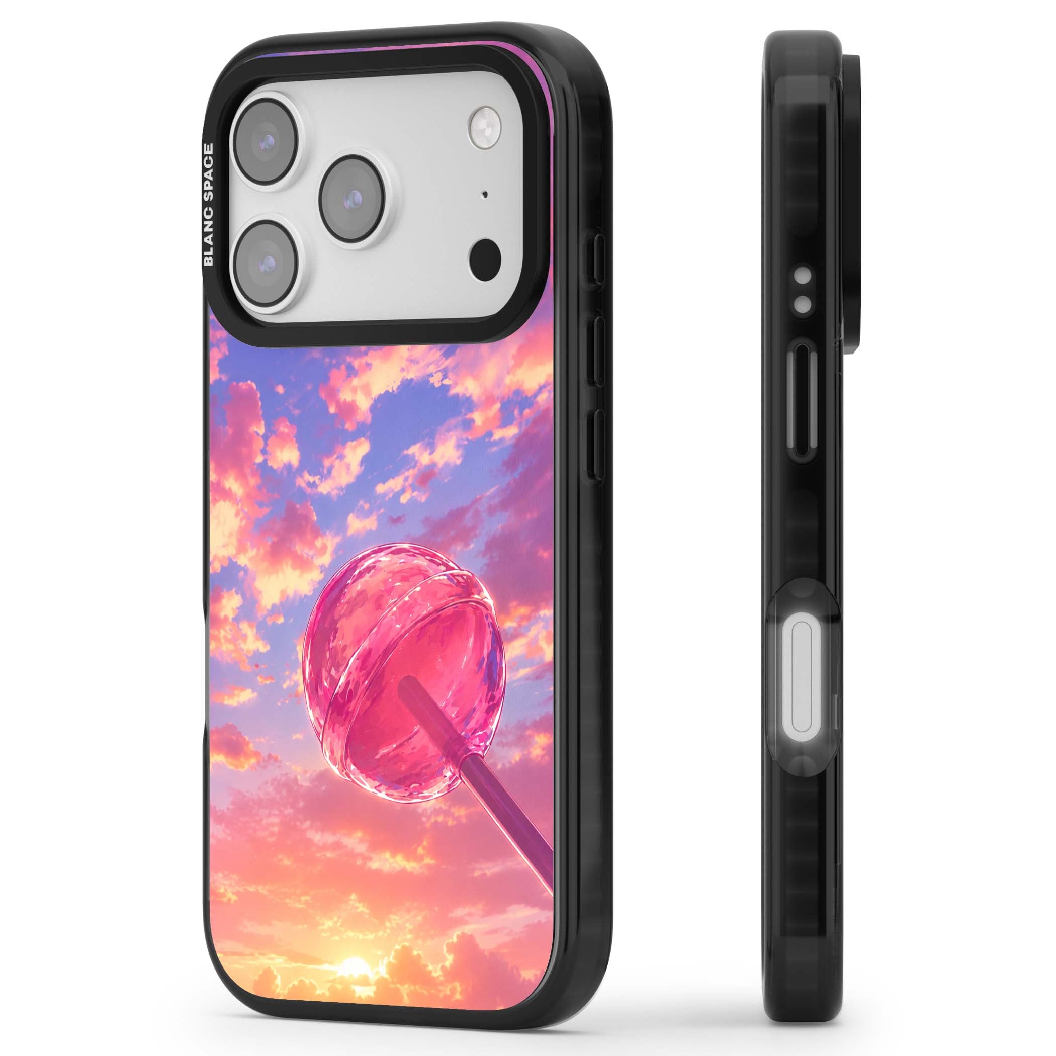 Sugar Sunset candy aesthetic iPhone case featuring a pink lollipop, pastel sunset sky and dreamy clouds | Clear Impact case for iPhone 17 Pro, iPhone 17 Pro Max