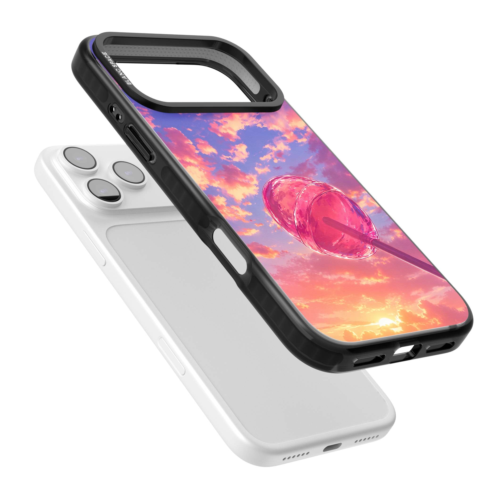 Sugar Sunset candy aesthetic iPhone case featuring a pink lollipop, pastel sunset sky and dreamy clouds | Clear Impact case for iPhone 17 Pro, iPhone 17 Pro Max
