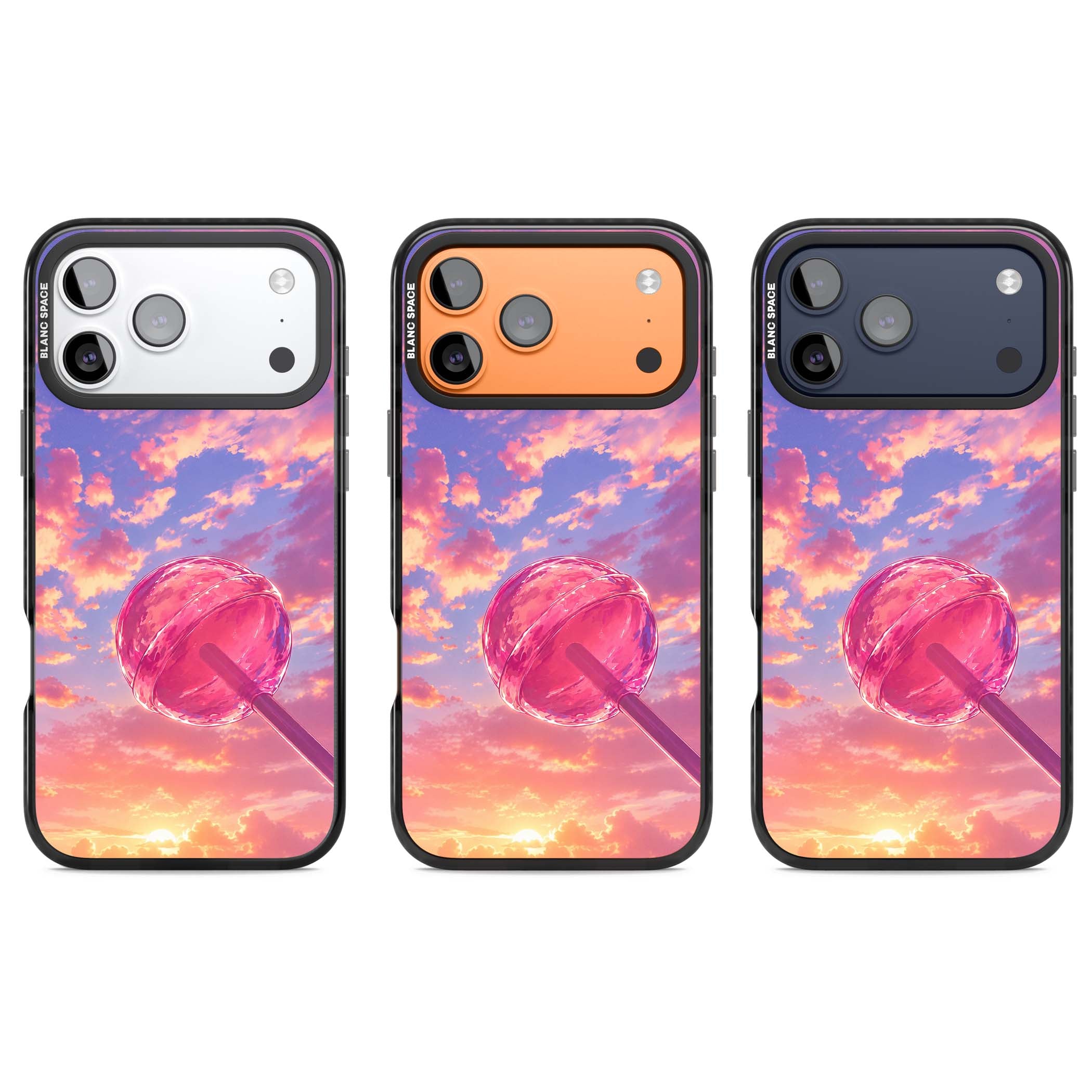 Sugar Sunset candy aesthetic iPhone case featuring a pink lollipop, pastel sunset sky and dreamy clouds | Clear Impact case for iPhone 17 Pro, iPhone 17 Pro Max