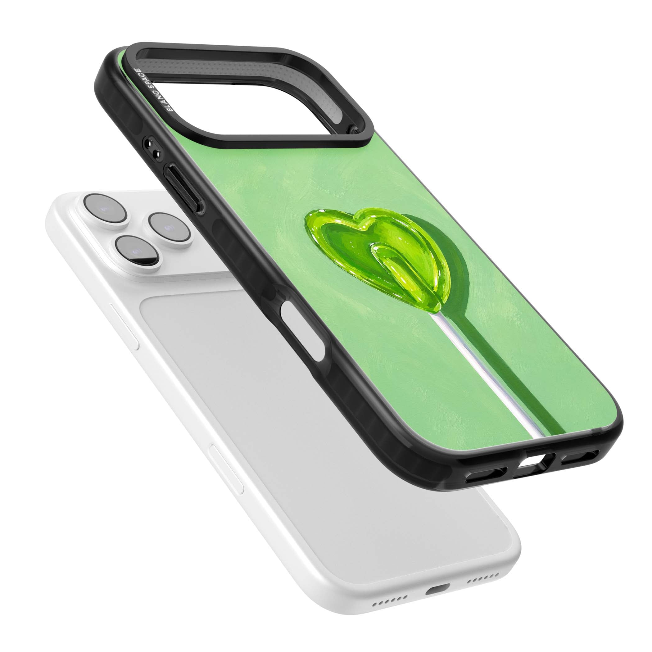 Green Lollipop candy art iPhone case featuring a glossy green heart-shaped lollipop on a painted pastel green background | Clear Impact case for iPhone 17 Pro, iPhone 17 Pro Max