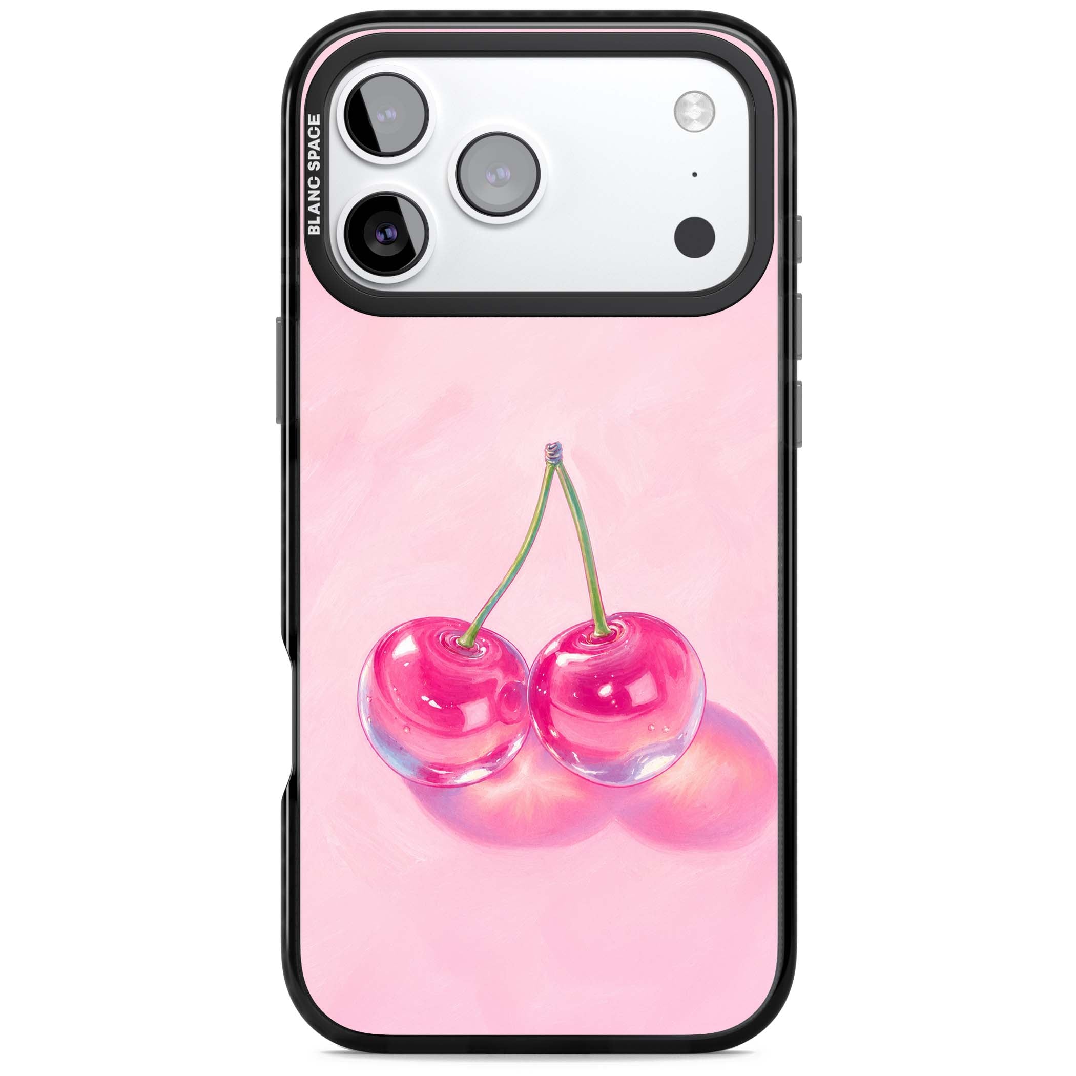 Pink Glass Cherry coquette iPhone case featuring two glossy painted cherries on a soft pink background | Clear Impact case for iPhone 17 Pro, iPhone 17 Pro Max