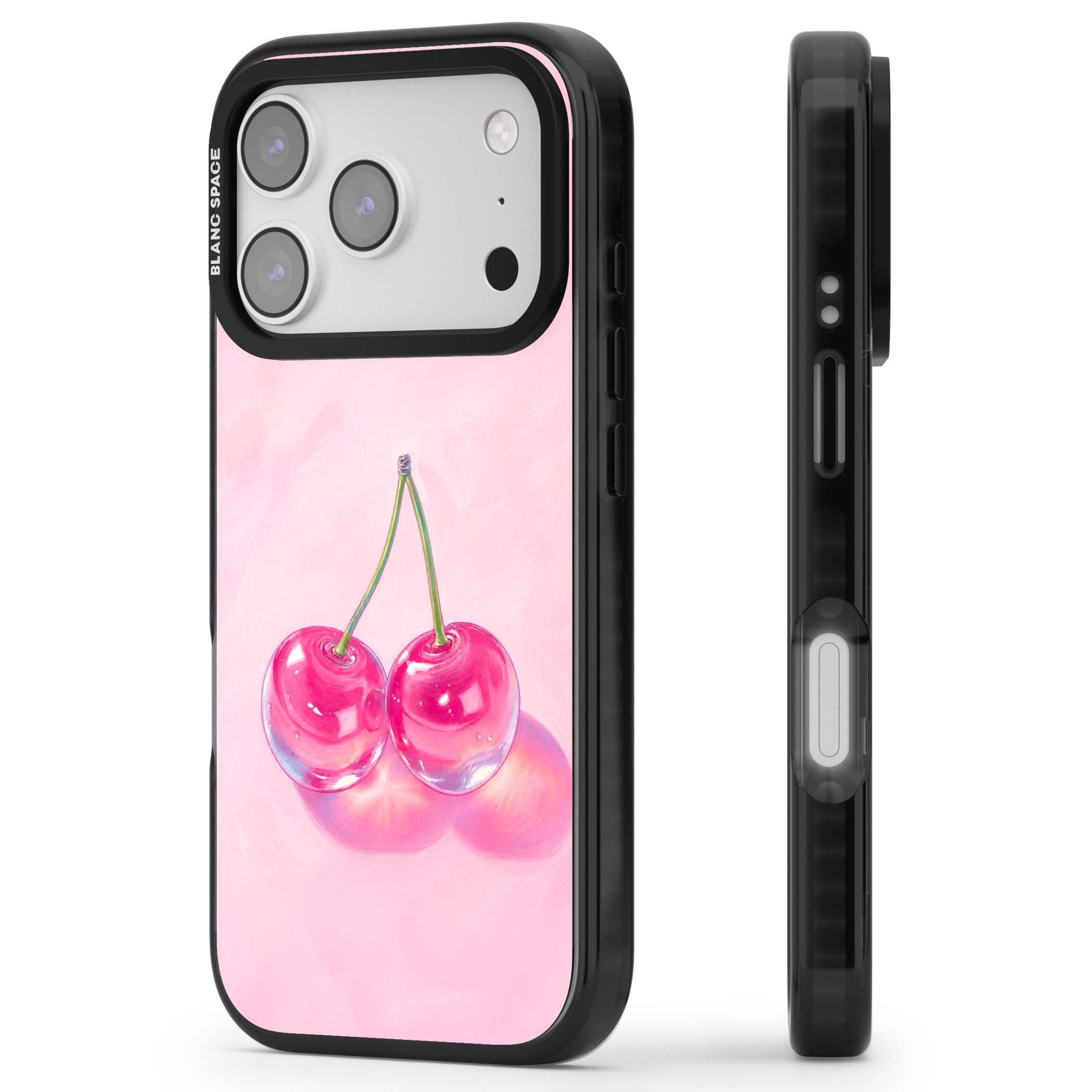 Pink Glass Cherry coquette iPhone case featuring two glossy painted cherries on a soft pink background | Clear Impact case for iPhone 17 Pro, iPhone 17 Pro Max