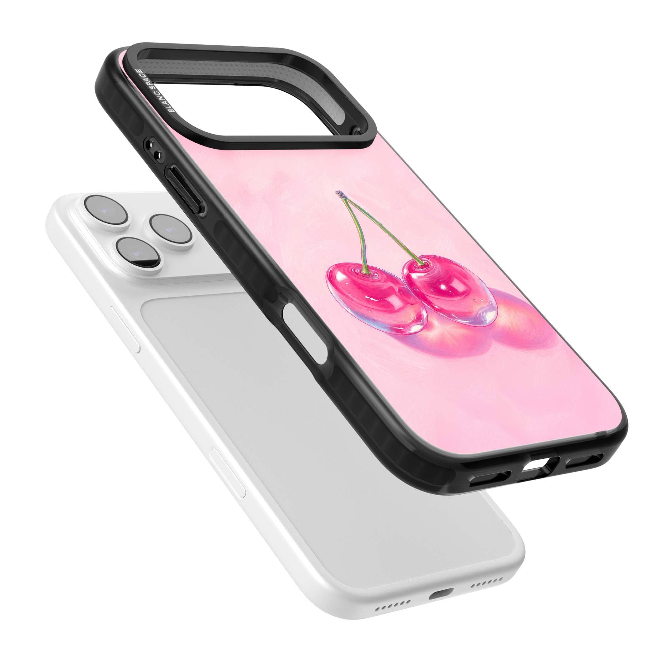 Pink Glass Cherry coquette iPhone case featuring two glossy painted cherries on a soft pink background | Clear Impact case for iPhone 17 Pro, iPhone 17 Pro Max