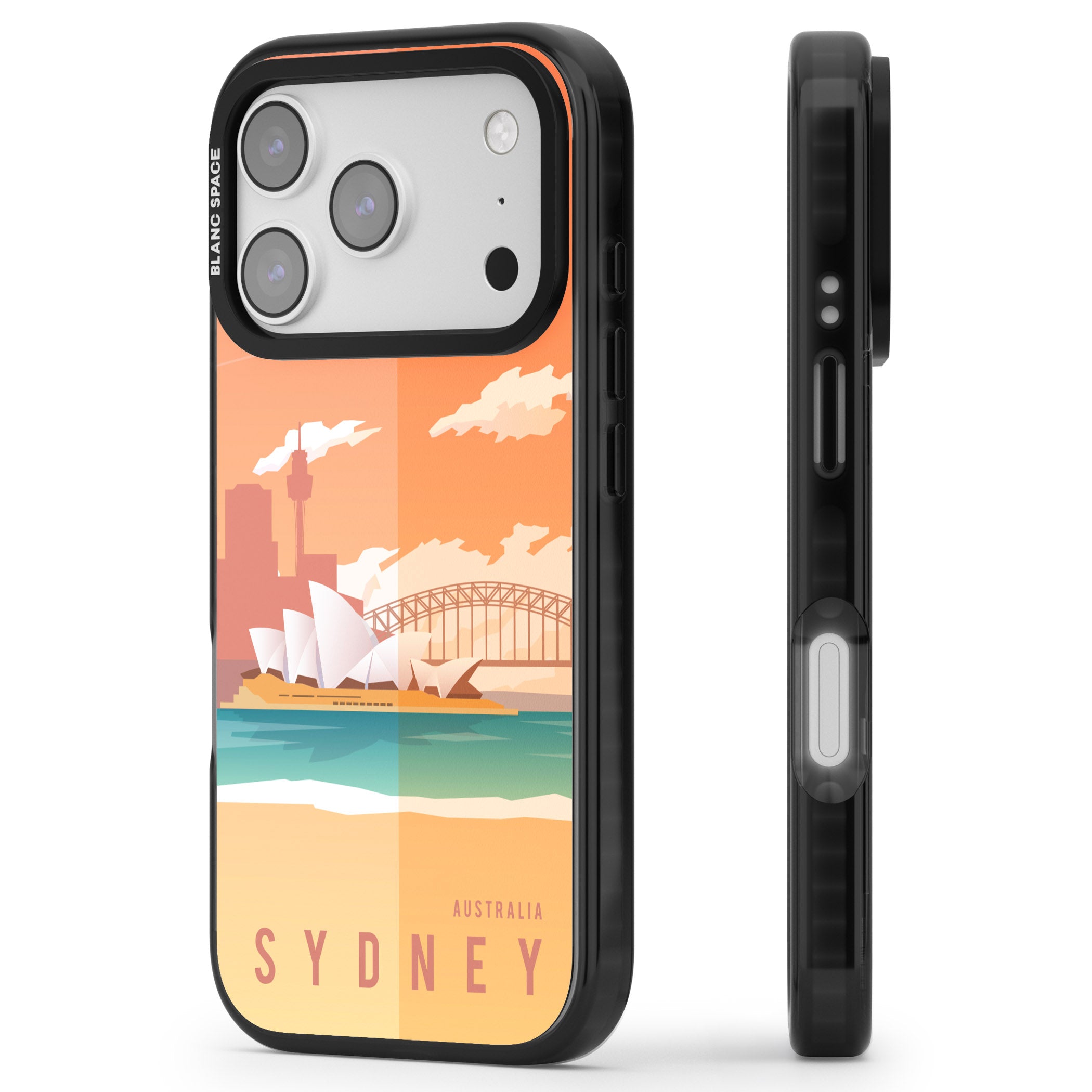 Vintage Travel Poster Sydney iPhone 17 Pro Impact Black Phone Case Side Profile