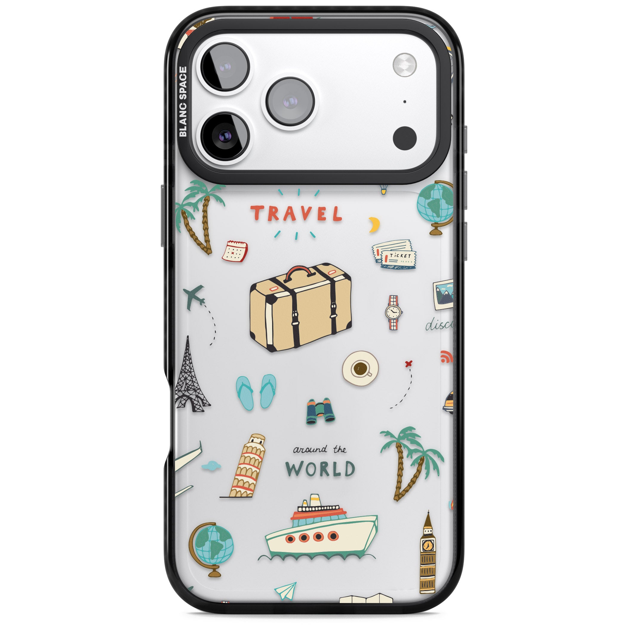 Cute Travel Pattern Transparent iPhone 17 Pro Impact Black Phone Case
