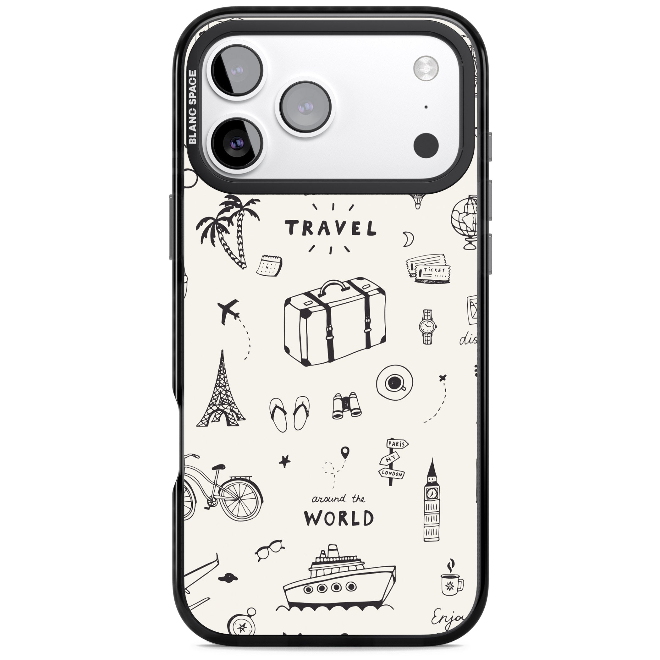 Cute Travel Pattern, White On iPhone 17 Pro Impact Black Phone Case