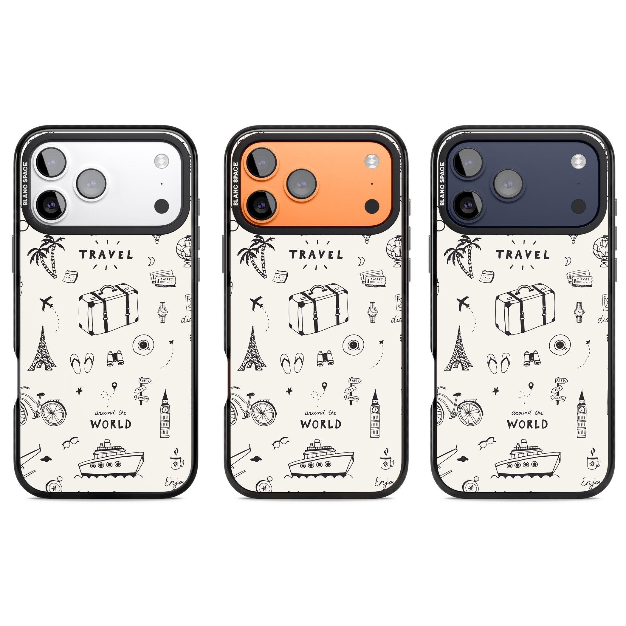 Cute Travel Pattern, White On iPhone 17 Pro Impact Black Phone Case APT Impact Protection