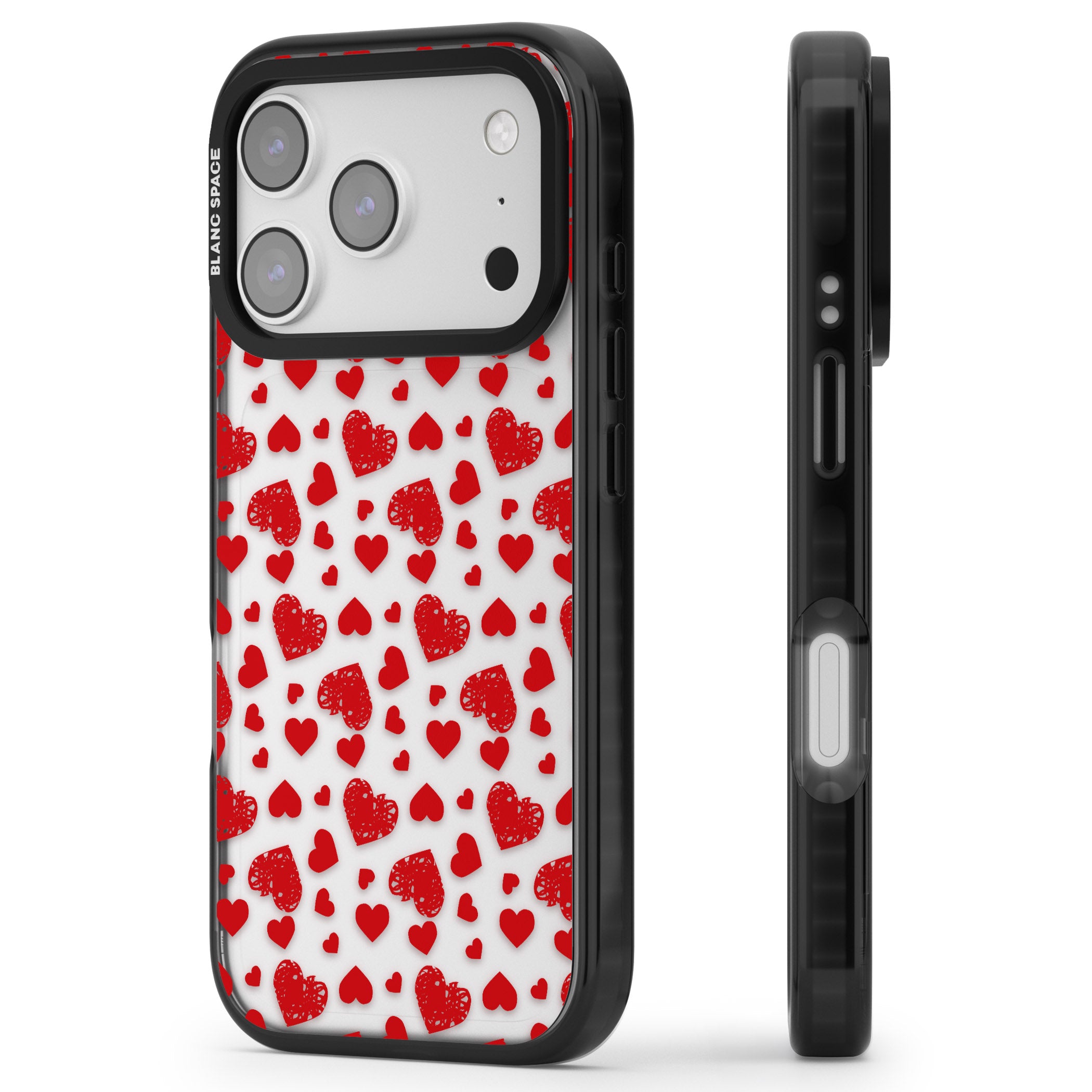 Red Heart Pattern Classic iPhone 17 Pro Impact Black Phone Case Side Profile
