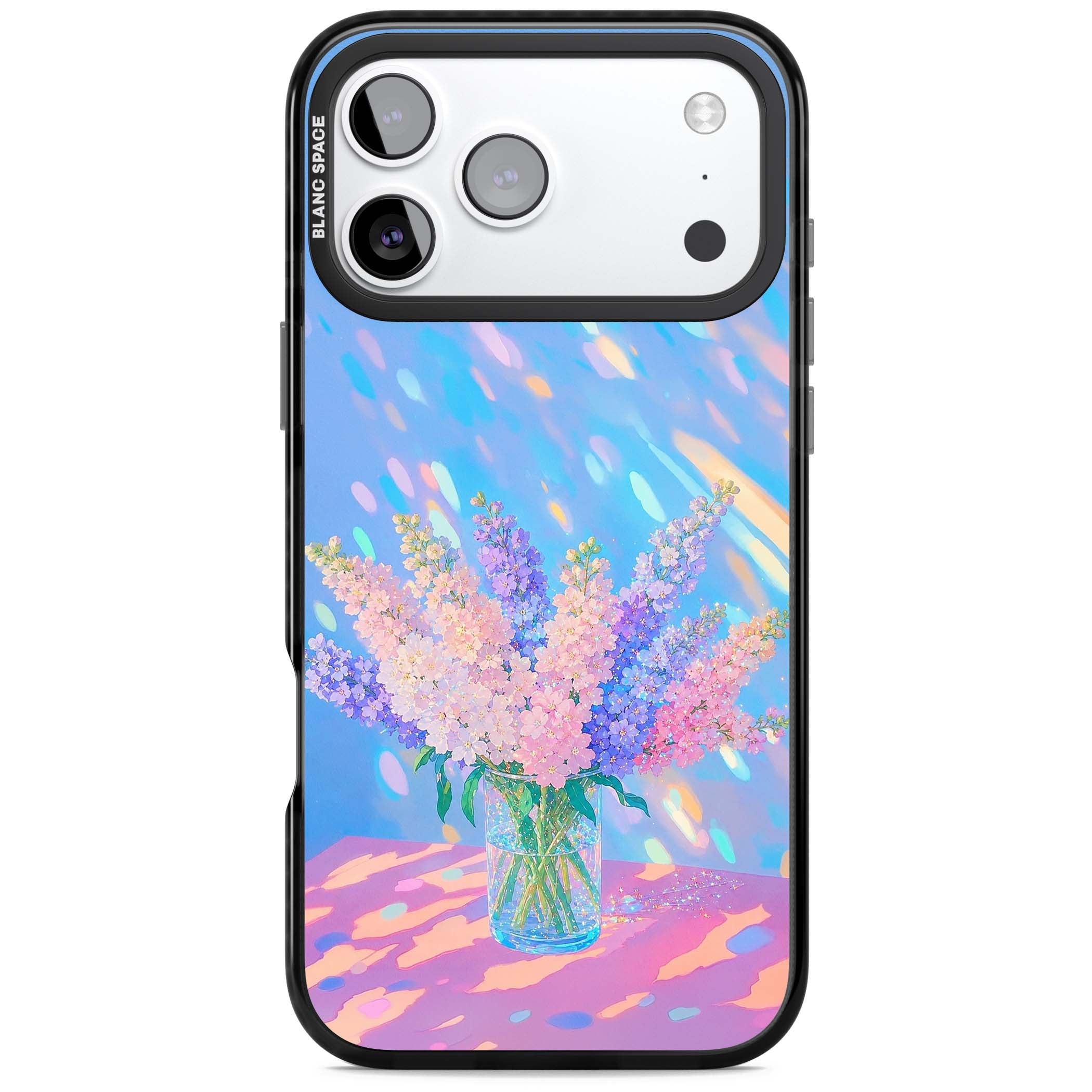 Bubblegum Flowers floral iPhone case featuring pastel lilac and pink bouquet in a glass vase with iridescent light | Clear Impact case for iPhone 17 Pro, iPhone 17 Pro Max