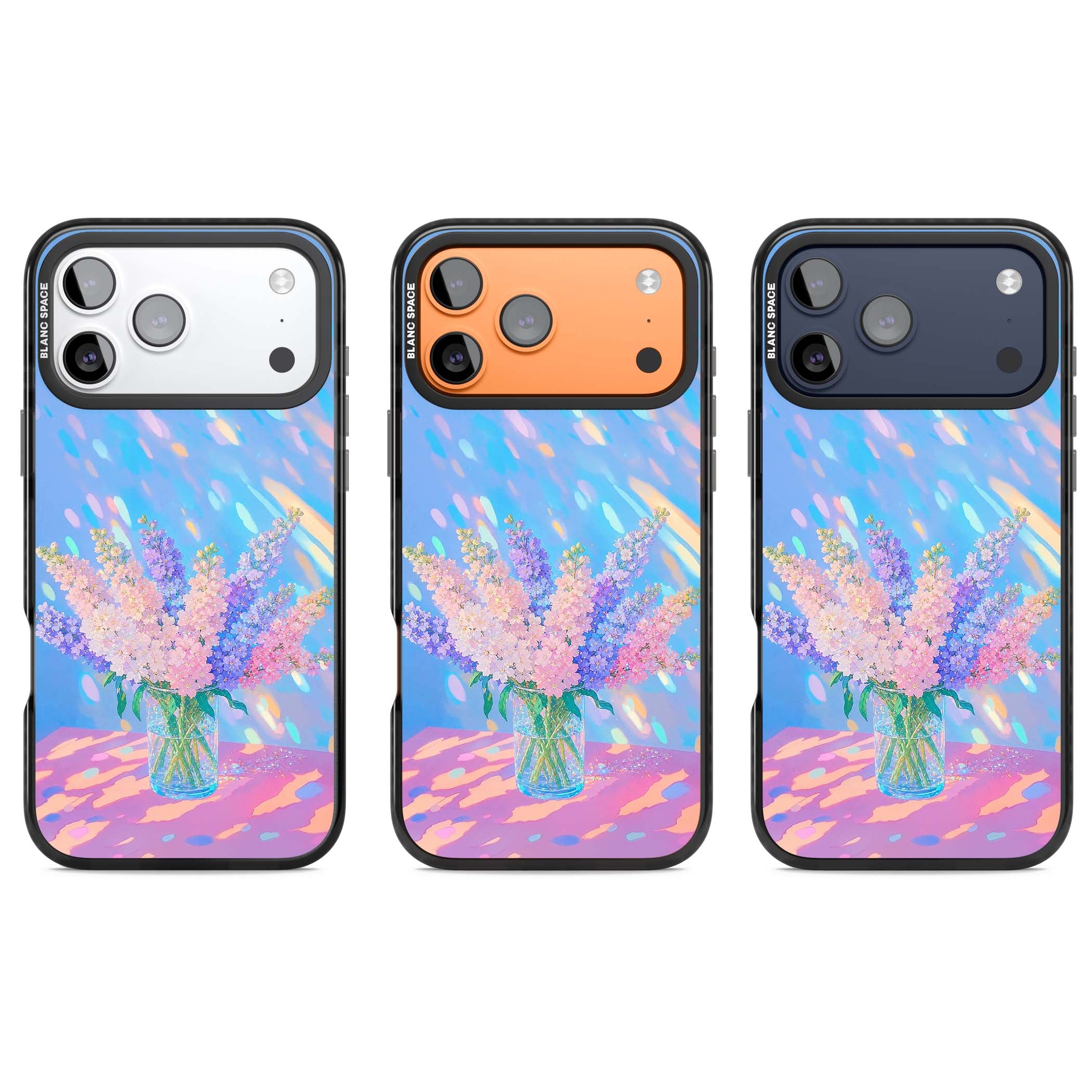 Bubblegum Flowers floral iPhone case featuring pastel lilac and pink bouquet in a glass vase with iridescent light | Clear Impact case for iPhone 17 Pro, iPhone 17 Pro Max