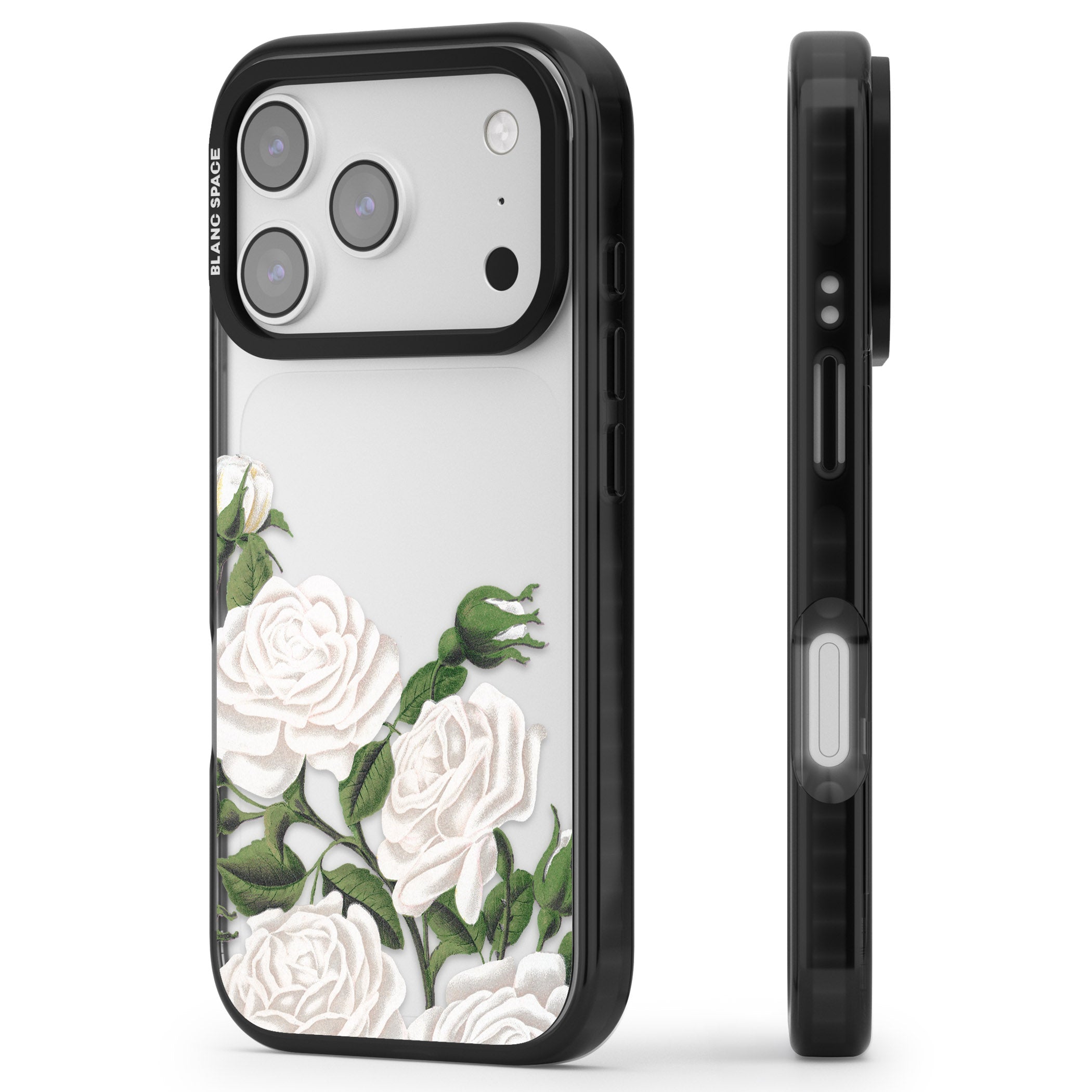 White Vintage Painted Flowers iPhone 17 Pro Impact Black Phone Case Side Profile