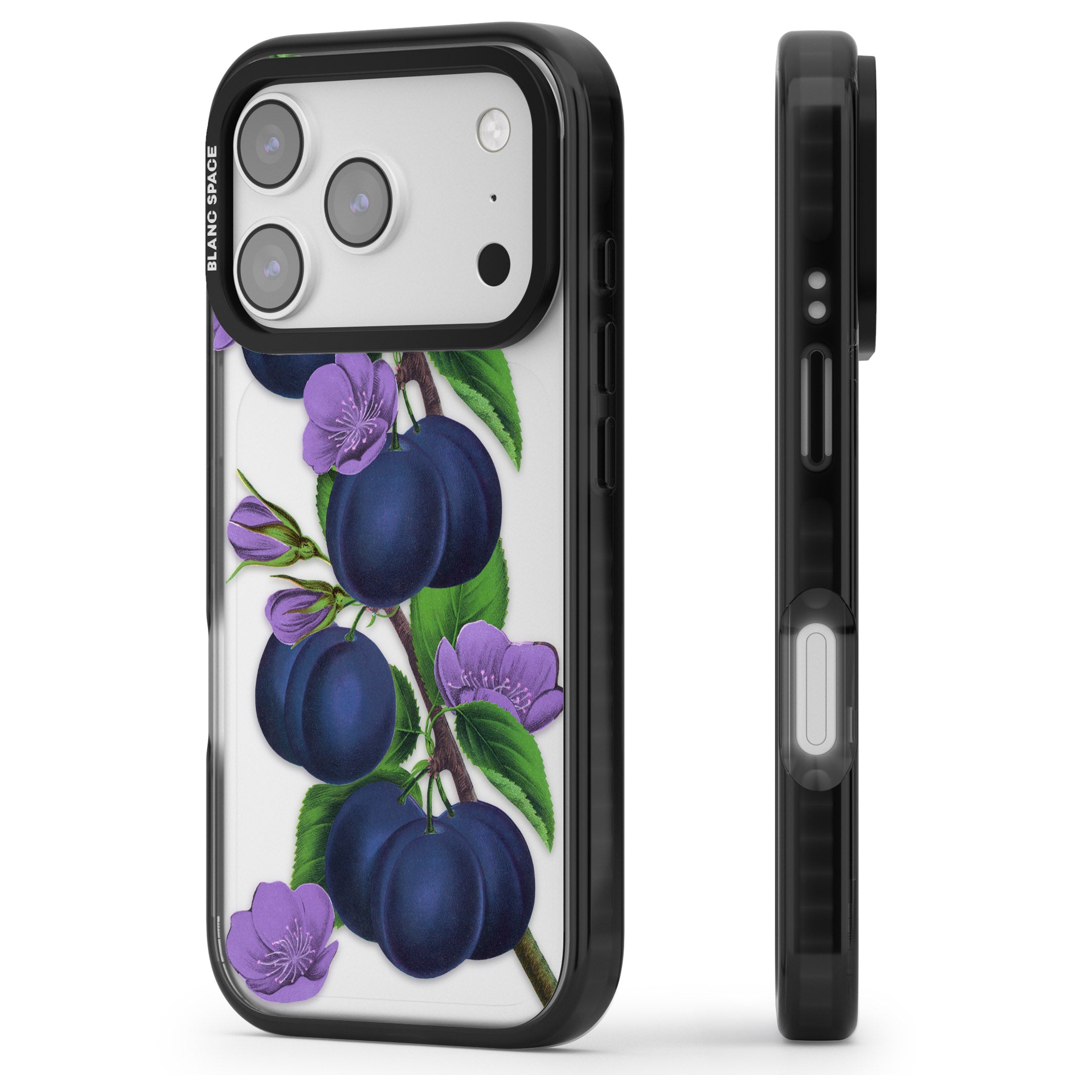 Vintage Painted Plums iPhone 17 Pro Impact Black Phone Case Side Profile