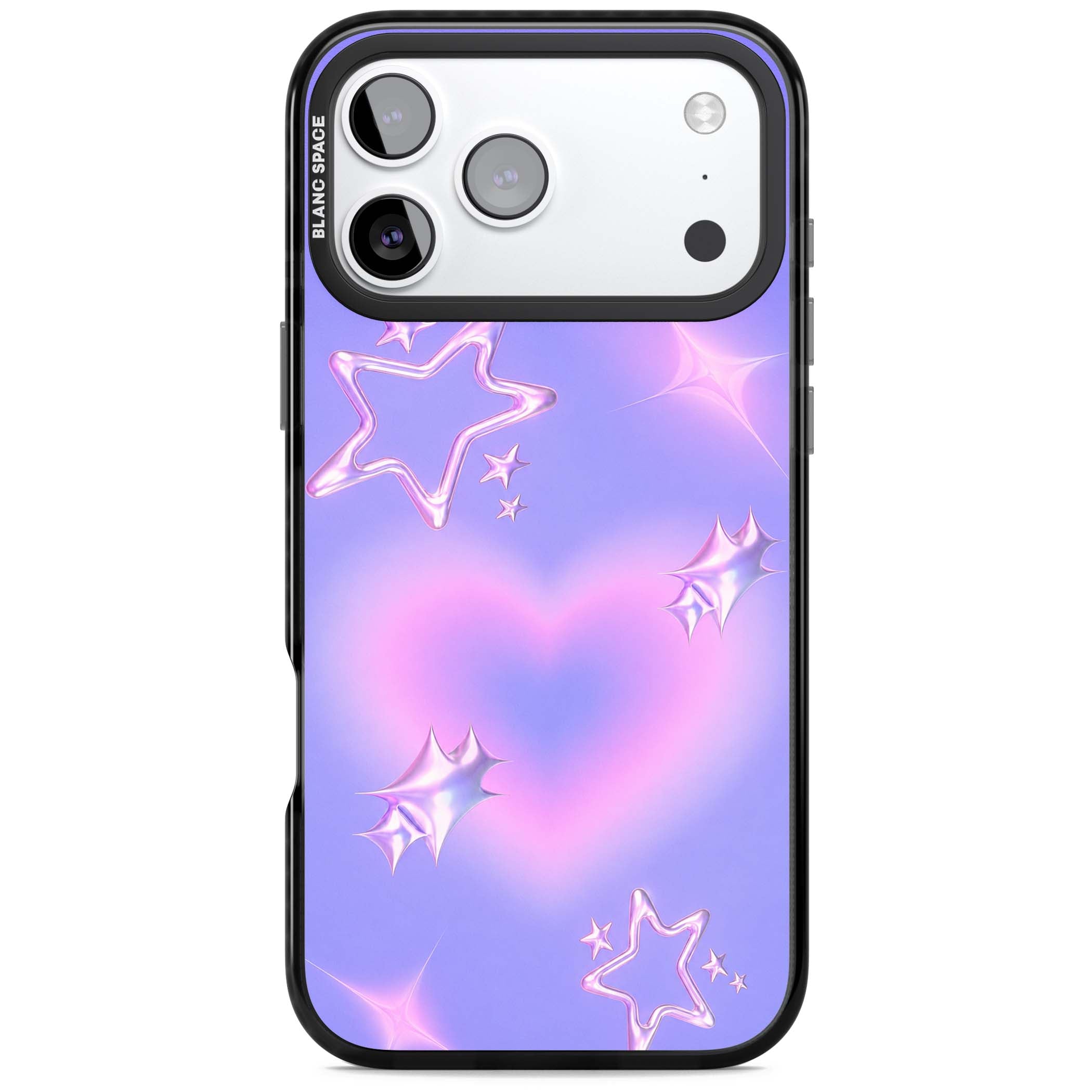 Soft Sugar Y2K iPhone case featuring iridescent chrome hearts, metallic pink stars and a lavender gradient sky | Clear Impact case for iPhone 17 Pro, iPhone 17 Pro Max