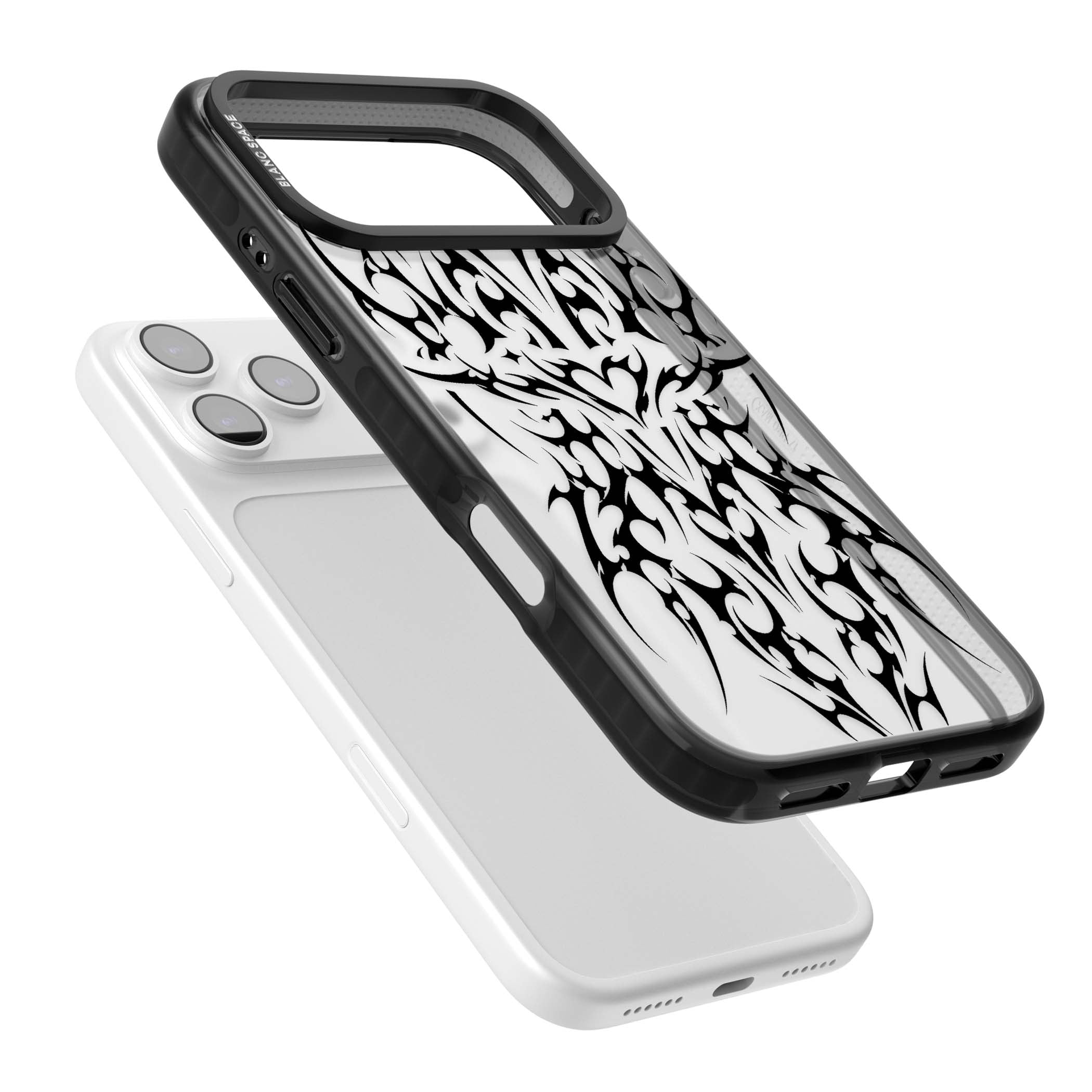Neo Tribal Heart gothic iPhone case featuring symmetrical black tribal tattoo art with sharp thorn-like linework | Clear Impact case for iPhone 17 Pro, iPhone 17 Pro Max