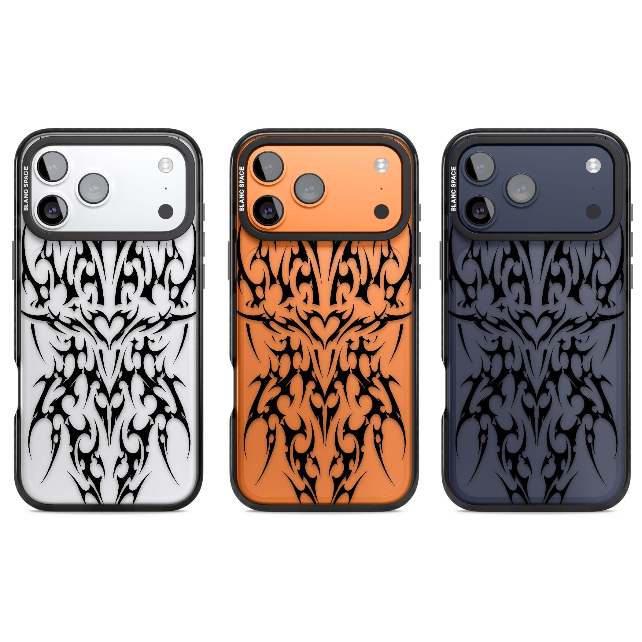 Neo Tribal Heart gothic iPhone case featuring symmetrical black tribal tattoo art with sharp thorn-like linework | Clear Impact case for iPhone 17 Pro, iPhone 17 Pro Max