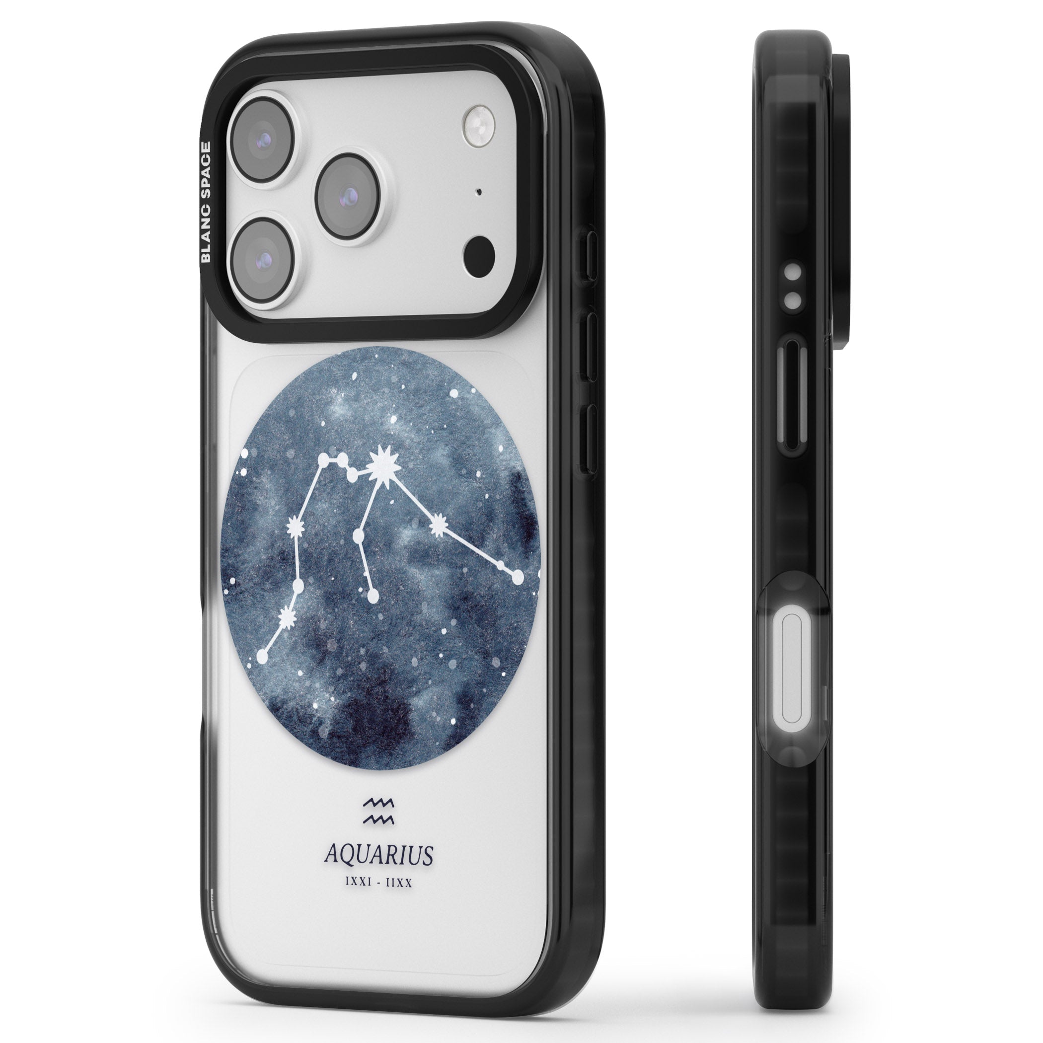Aquarius Zodiac Blue iPhone 17 Pro Impact Black Phone Case Side Profile