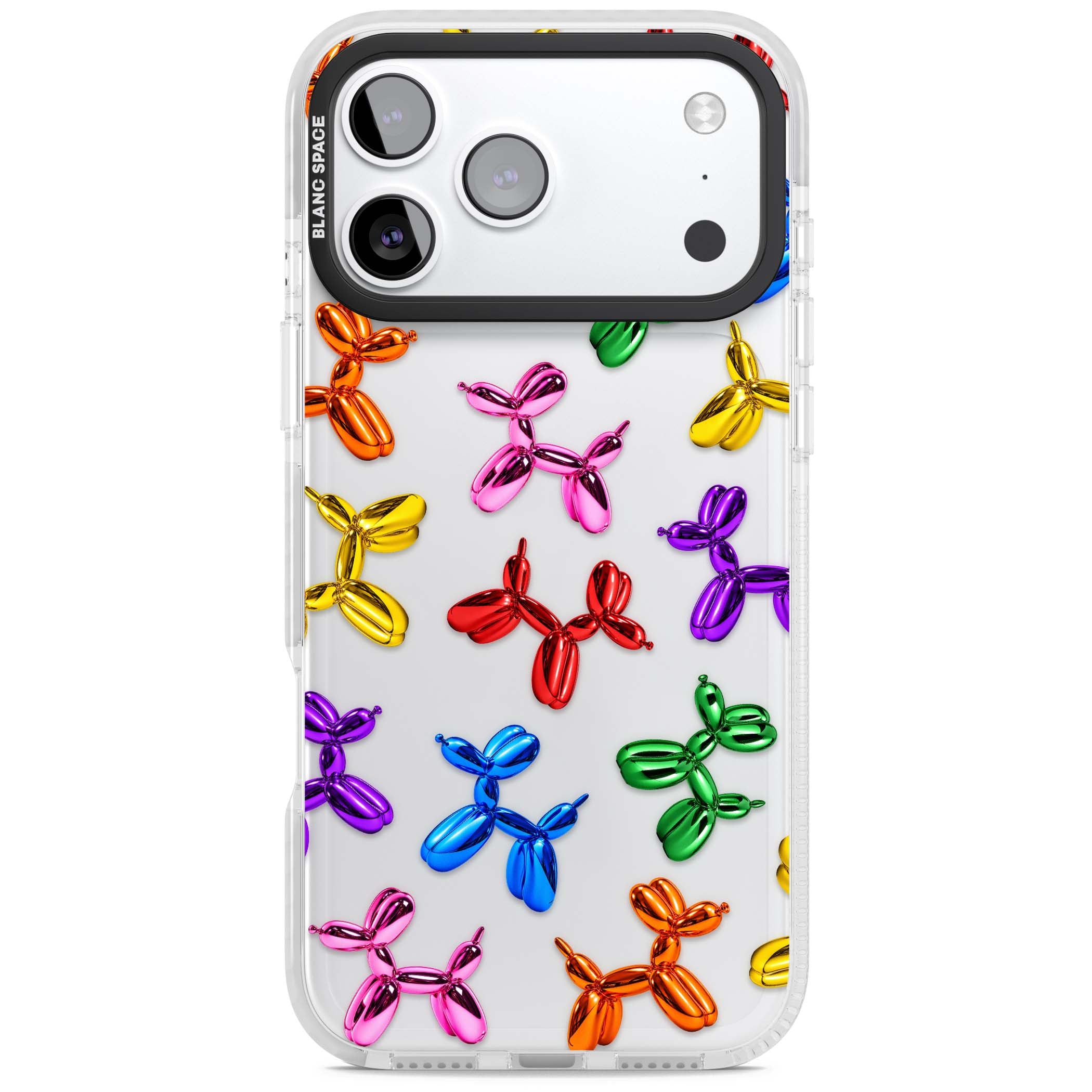 Balloon Dogs pop art iPhone case featuring rainbow chrome balloon dogs in Jeff Koons style | Black Impact case for iPhone 17 Pro, iPhone 17 Pro Max