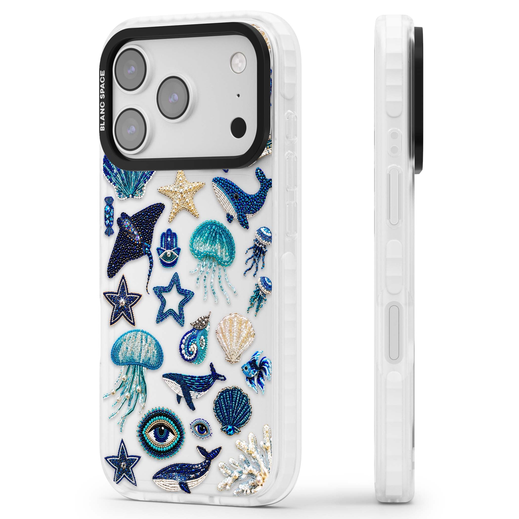 Beaded Coastal coastal iPhone case featuring embroidered seashells, jellyfish and a blue whale on clear | Black Impact case for iPhone 17 Pro, iPhone 17 Pro Max